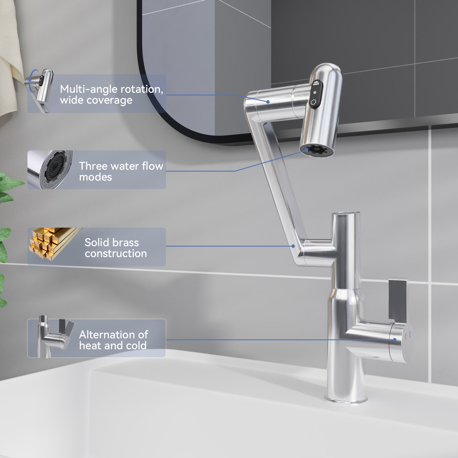 Chrome Bathroom Sink Faucet With Spray Function And Temperature Display For Anti Skid Switch And Hot & Cold And 360 Rotary One Chrome Deck Mounted Single Hole Faucets Bathroom Contemporary Brass Manual