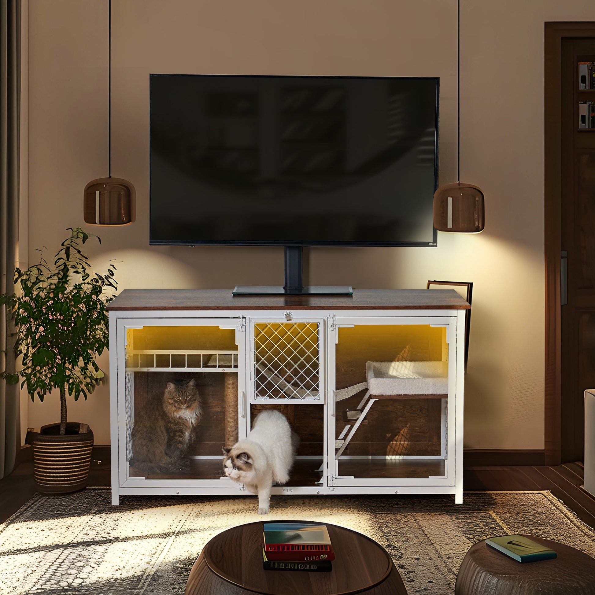 Wooden Cat House, Cat Villa, Cat Cages Indoor, Tv Stand With Cat House White Vintage American Design Cat Particle Board