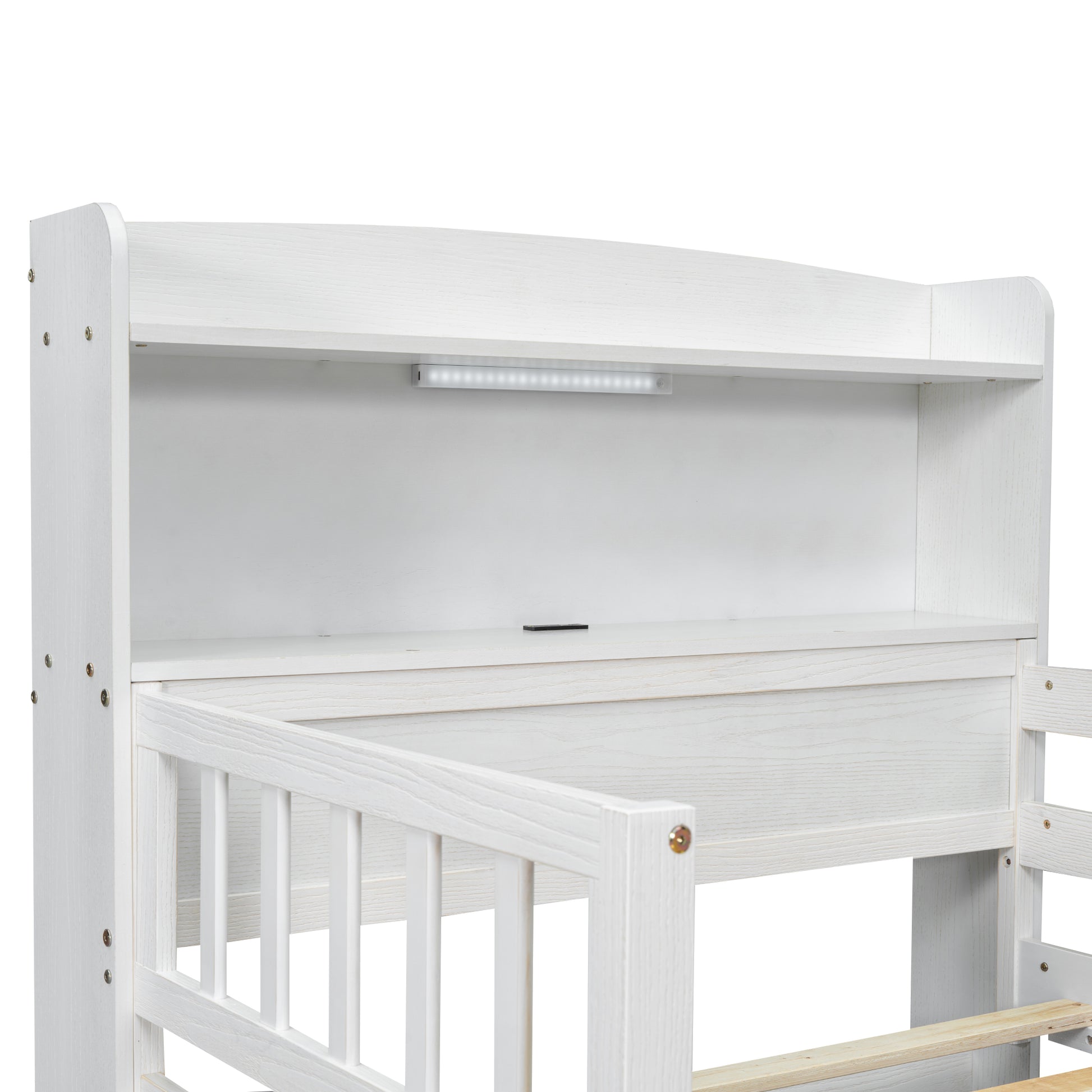 Wood Twin Size Platform Bed With Built In Led Light, Multi Functional Headboard, Guardrail And 2 Drawers, White Expected Arrival Time: 3.15 Box Spring Not Required Twin White Wood Bedroom Bed Frame