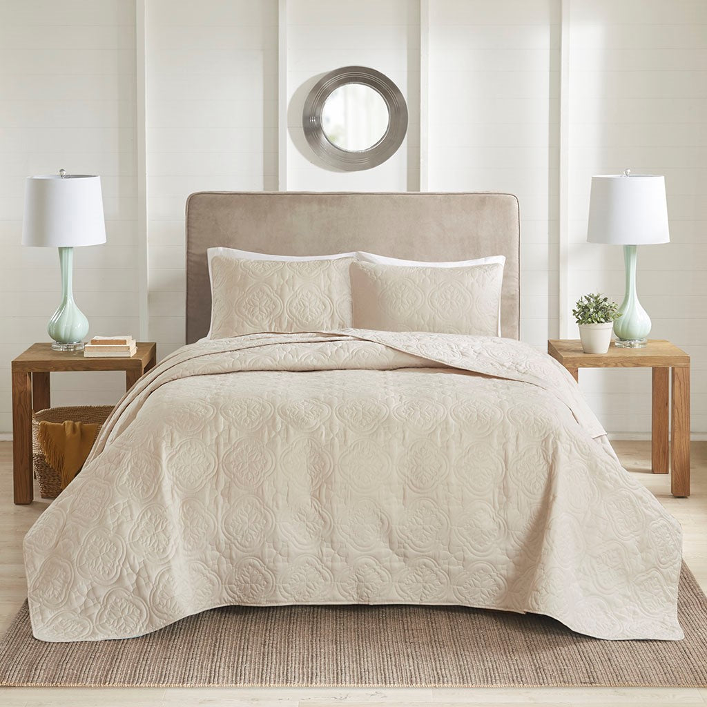 3 Piece Reversible Bedspread Set Cream Full Queen Queen Cream Microfiber