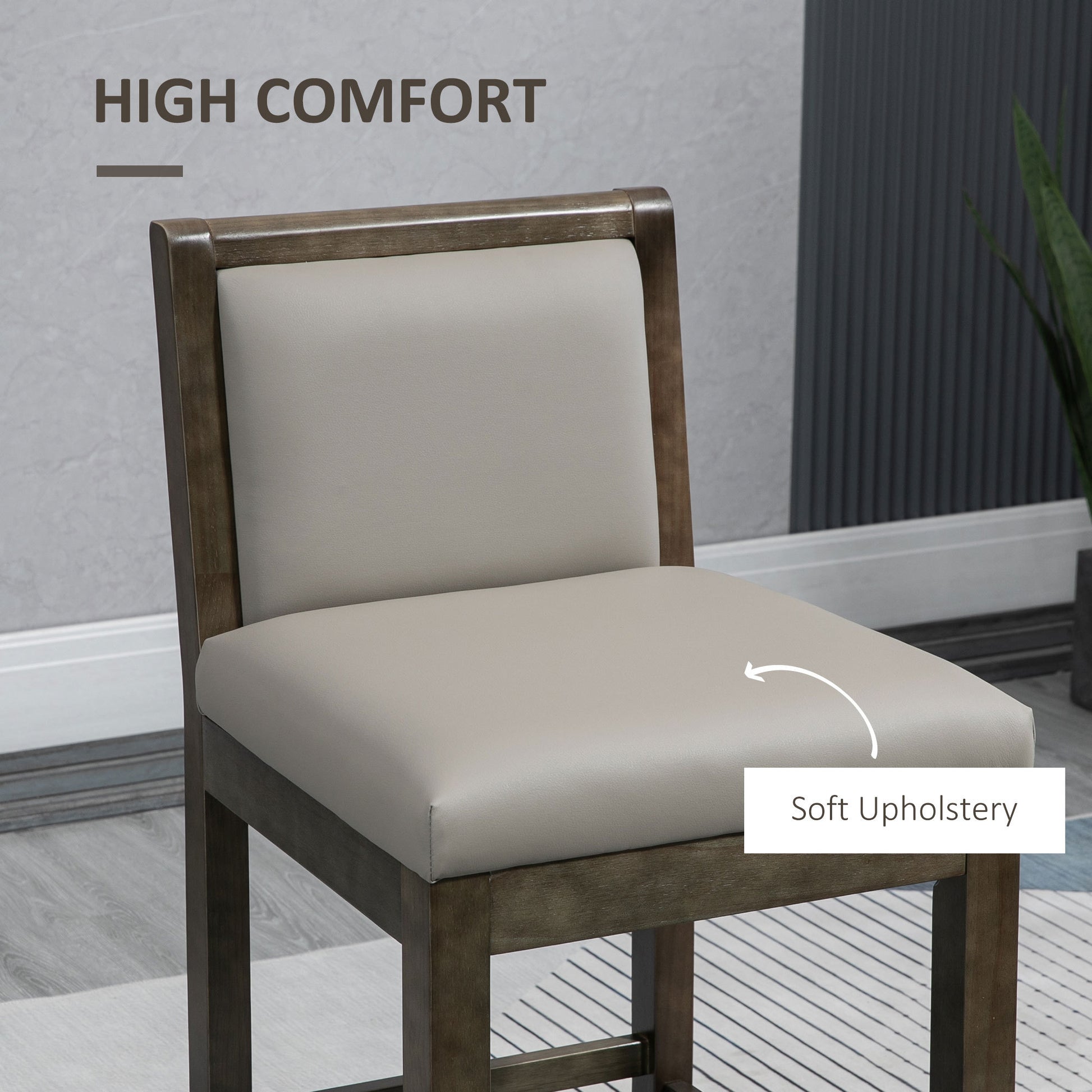 Homcom 25.5" Counter Height Bar Stools Set Of 2, Pu Leather Kitchen Stool, Upholstered Bar Chairs With Back, Wood Legs, Grey Grey Rubber Wood