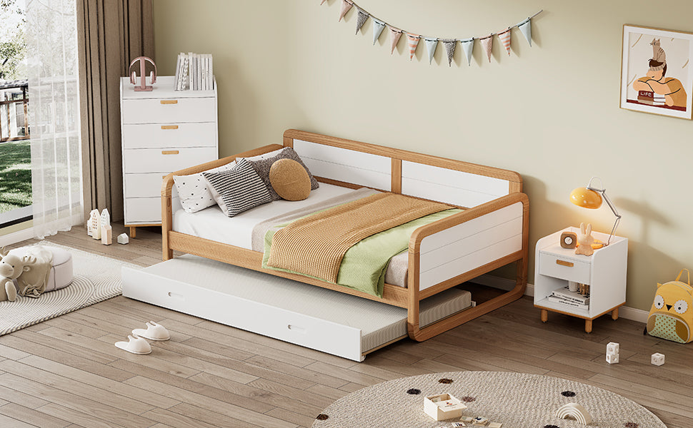 Twin Size Solid Wood Daybed With Trundle For Limited Space Kids, Teens, Adults, No Need Box Spring, Walnut And White Box Spring Not Required Twin White Walnut Wood Bedroom Modern Pine Daybeds Wood