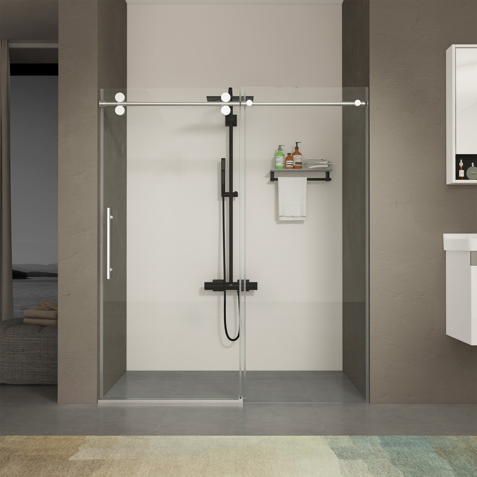 56" 60"W X 70"H Frameless , Sliding , With Premium 5 16" 8Mm Thick Tempered Glass Shower Enclosure ,Double Side Easy Clean Coat,Chrom Finished With Buffer Chrome Bathroom American Design Stainless