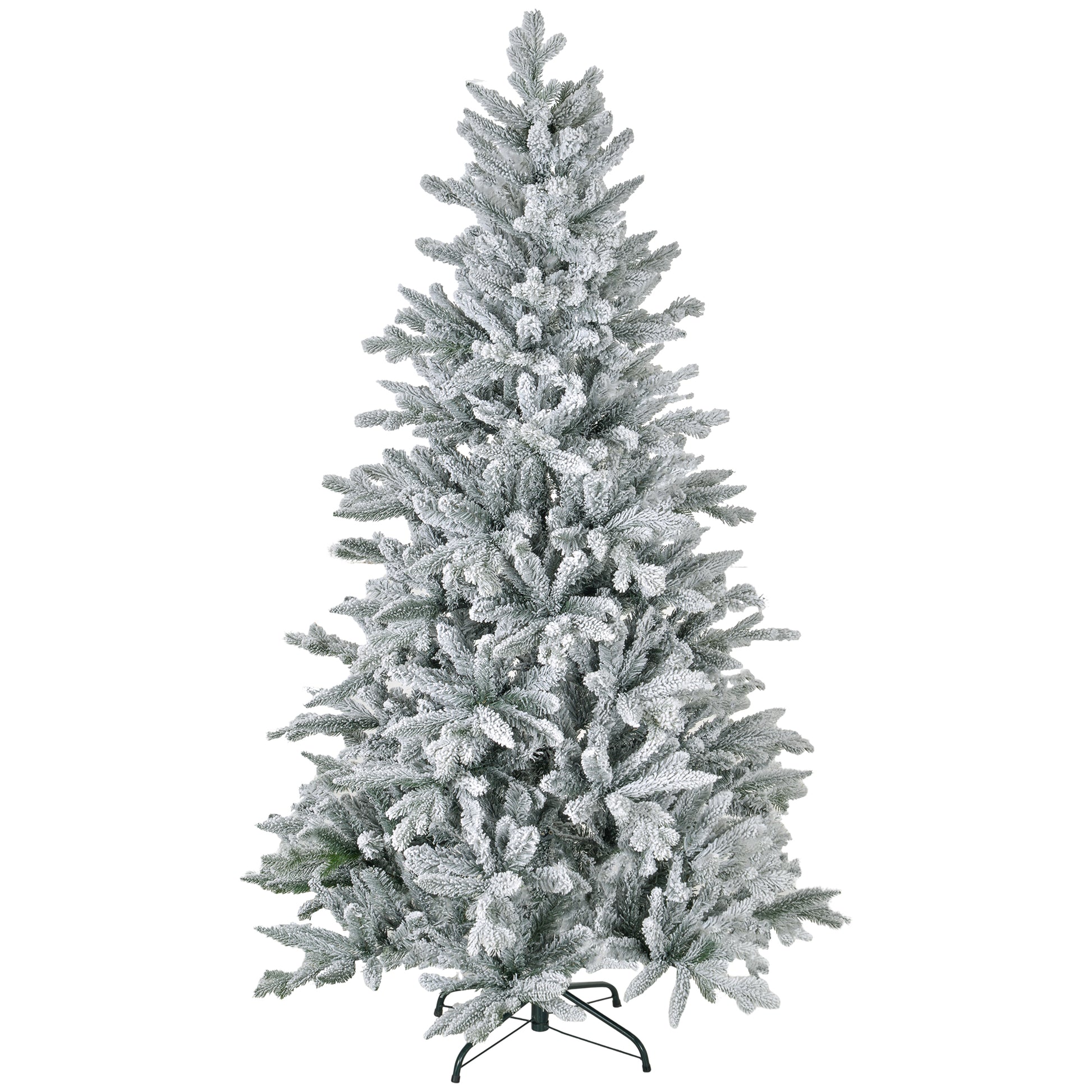 Homcom 6Ft Snow Flocked Artificial Christmas Tree With 994 Tips, Foldable Metal Stand, Easy Assembly, Hinged Xmas Tree For Home, Office, Holiday, Green Green Plastic