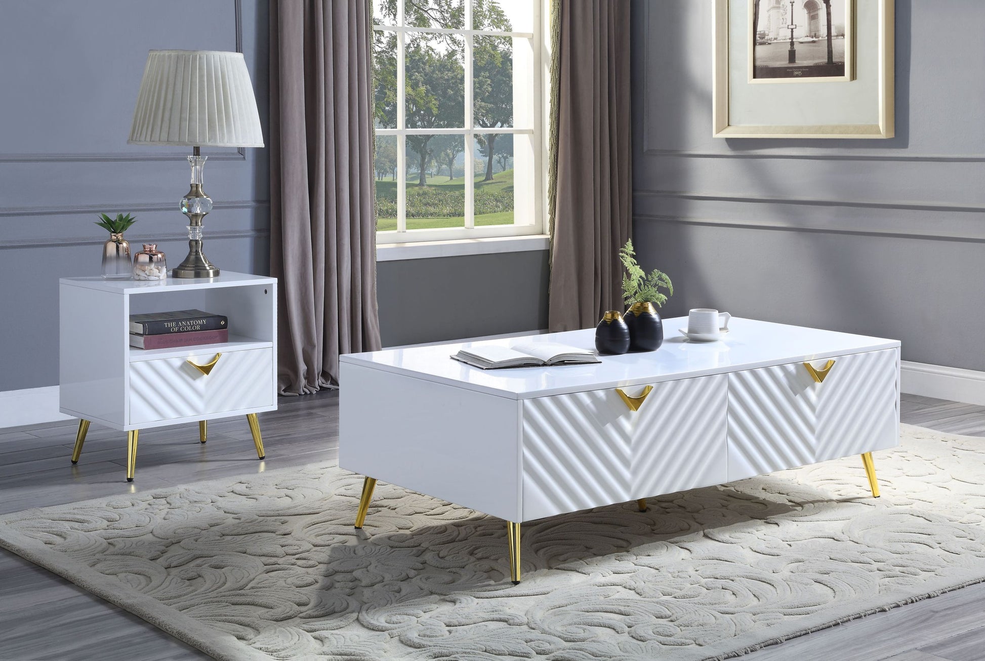 White High Gloss 2 Drawer Coffee Table With Support Leg White Primary Living Space Contemporary Drawers Rectangular Wood Metal