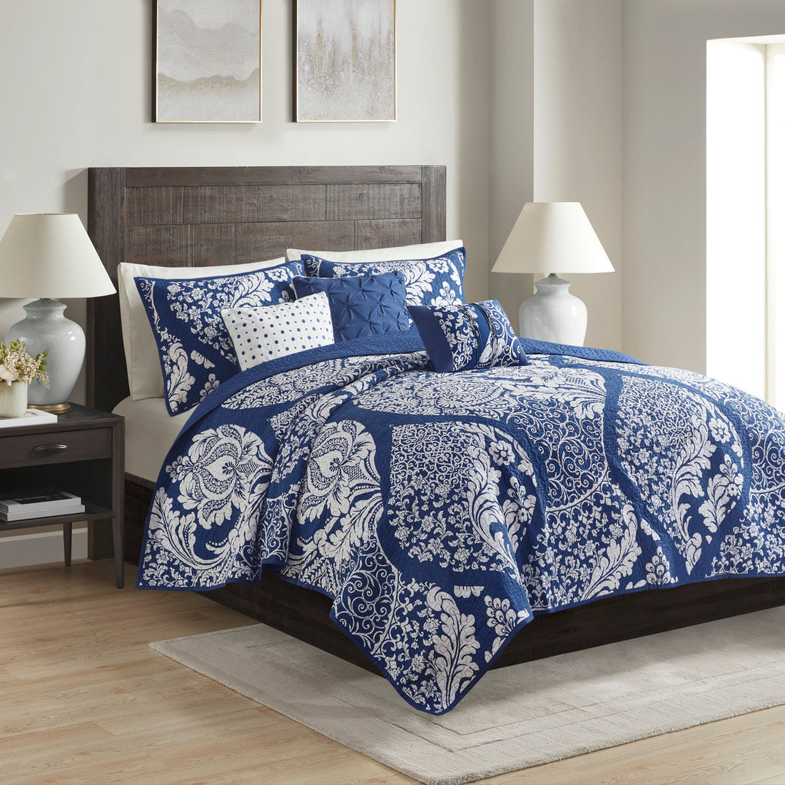 6 Piece Printed Cotton Quilt Set With Throw Pillows Indigo Full Queen Indigo Polyester