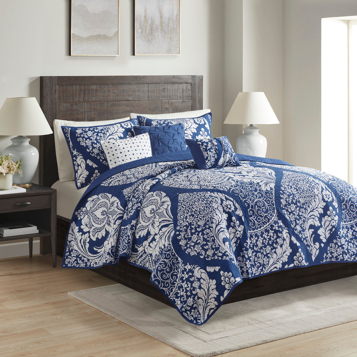 6 Piece Printed Cotton Quilt Set With Throw Pillows Indigo Full Queen Indigo Polyester