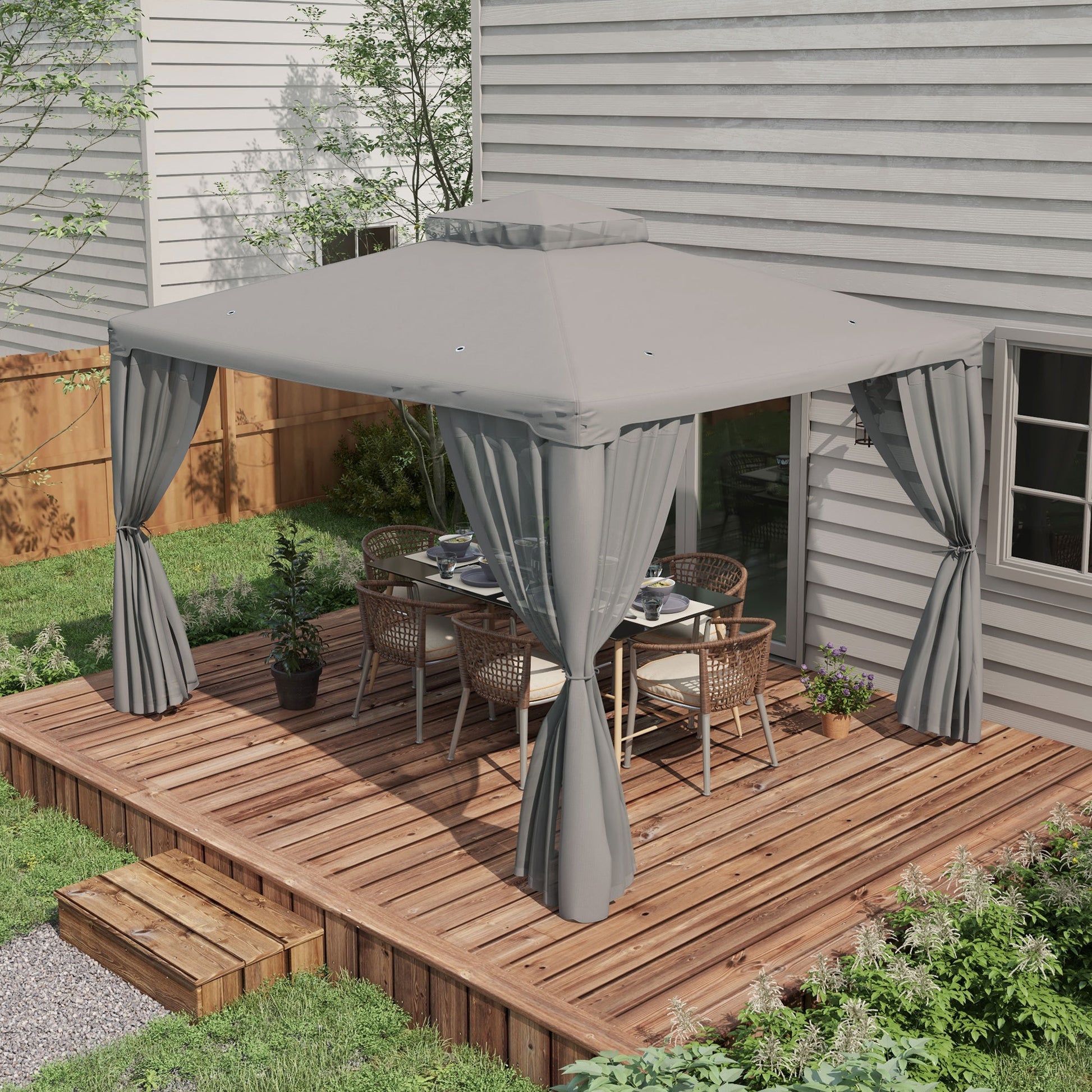Outsunny 9.6' X 11.6' Patio Gazebo, Outdoor Canopy Shelter With 2 Tier Roof And Netting, Steel Frame For Garden, Lawn, Backyard, And Deck, Gray Grey Polyester