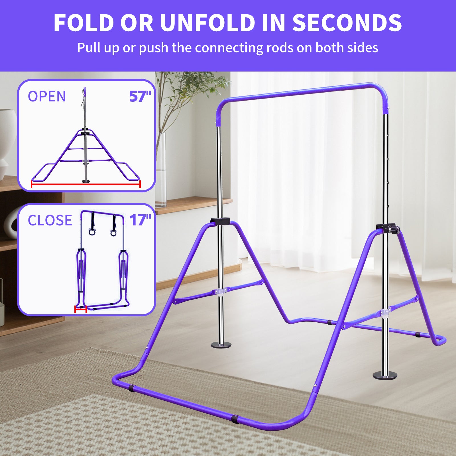 Expandable Gymnastics Bar For Kids Height Adjustable Junior Training Bar For Home, Folding Gymnastic Horizontal Bars Equipment Purple Indoor Fitness Purple Iron