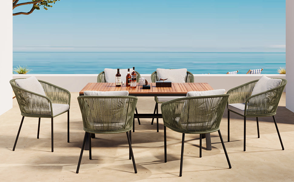 7 Pieces Patio Dining Set, All Weather Outdoor Furniture Set With Dining Table And Chairs, Acacia Wood Tabletop, Metal Frame, For For Garden, Backyard, Balcony, Green Yes Green Seats 6 Garden & Outdoor Complete Patio Sets Wood Wood Rope