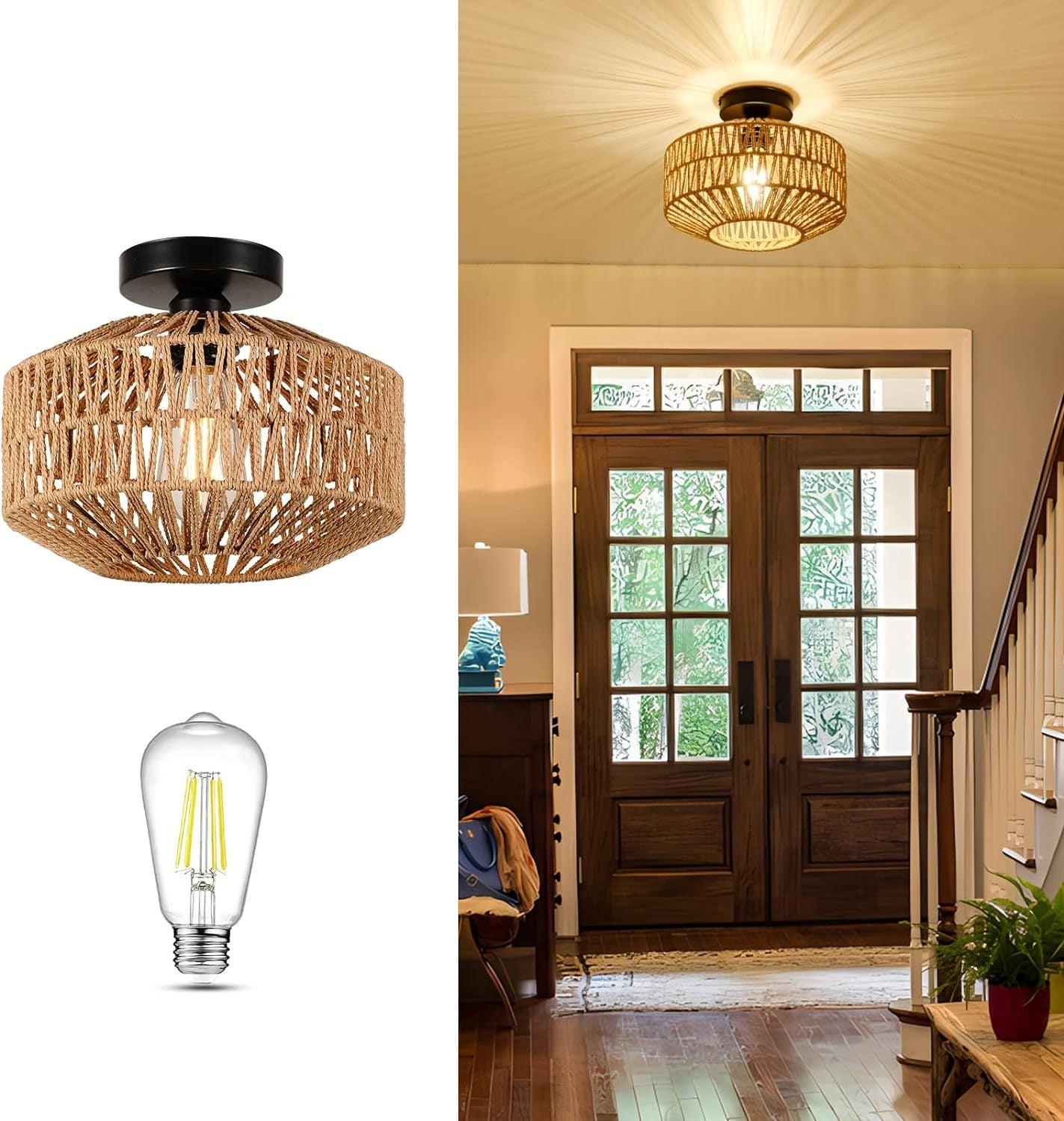 Boho Light Fixtures Ceiling Mount,Mini Rattan Chandelier Light Fixture With Dimmable Led Bulb,Hand Woven Ceiling Light Fixtures Flush Mount For Hallway Bedroom Kitchen Entryway Living Room Brown Rattan Metal