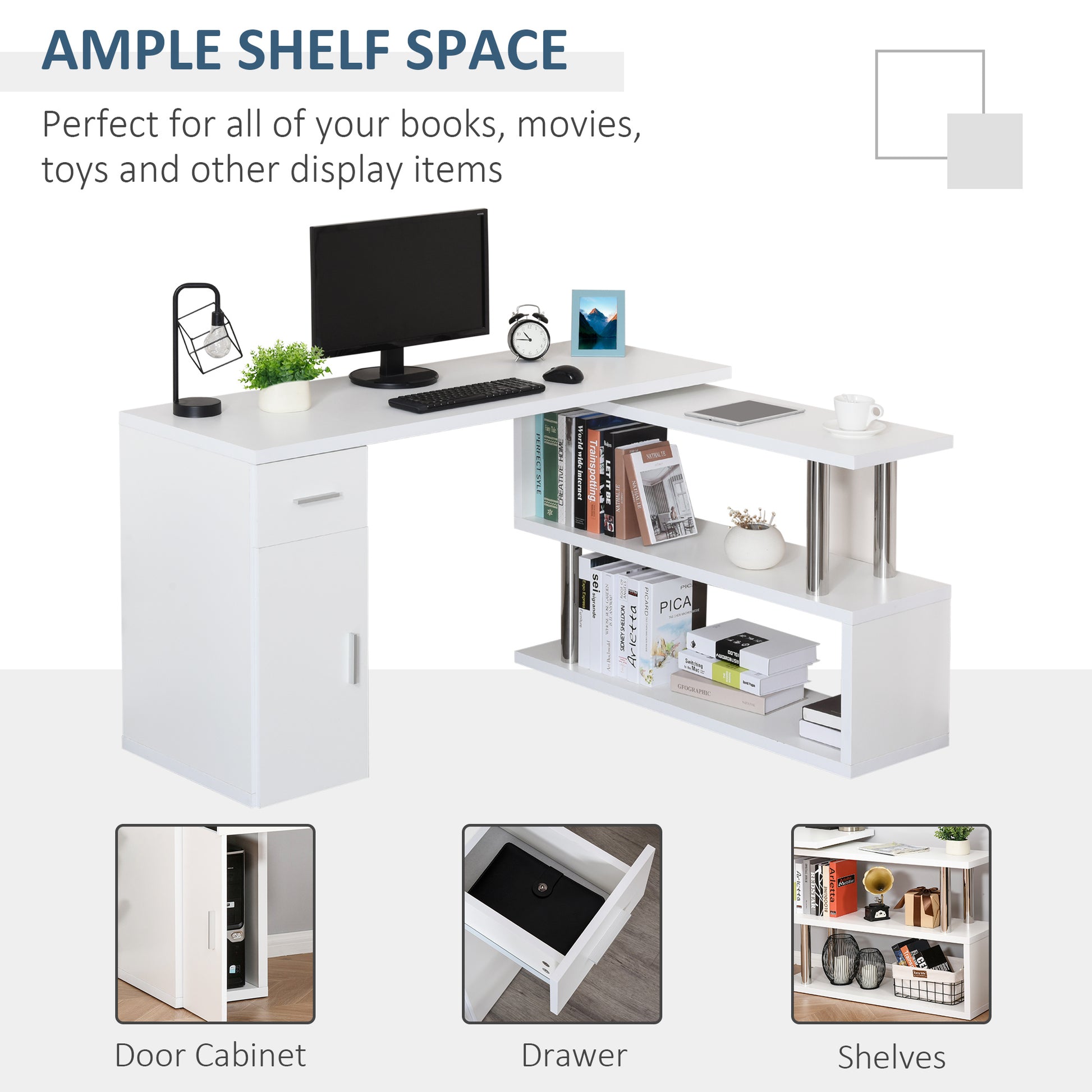 Homcom Rotating Computer Desk, 55" L Shaped Desk, Corner Desk With Storage Shelves, Cabinet And Drawer For Home Office, White White Mdf