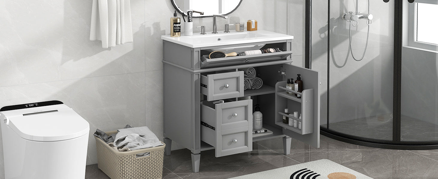 30'' Bathroom Vanity With Top Sink, Modern Bathroom Storage Cabinet With 2 Drawers And A Tip Out Drawer, Single Sink Bathroom Vanity Grey Modern Mdf Ceramic,Solid Wood Mdf