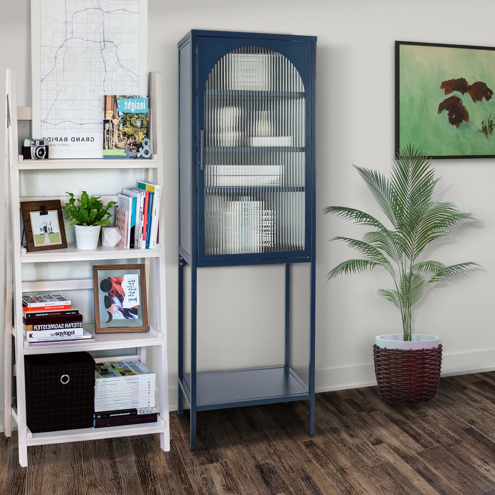 Stylish Tempered Glass High Cabinet With Arched Door Adjustable Shelves And Feet Anti Tip Dust Free Fluted Glass Kitchen Credenza Blue Blue Tempered Glass Sheet Metal Plastic