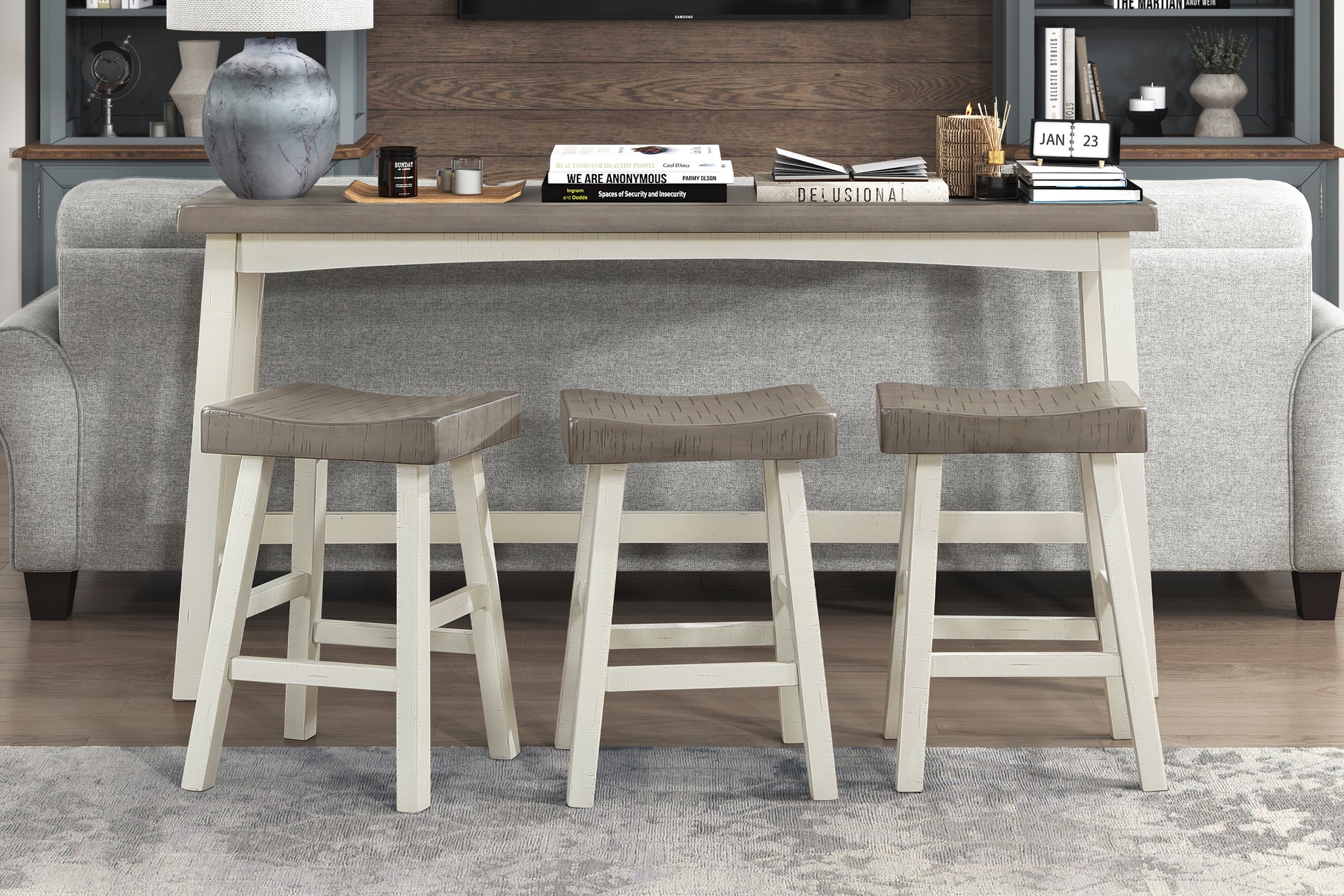 Transitional 4 Piece Counter Height Set, Table And Counter Height Stools White And Coffee Finish Solid Rubberwood Furniture Wood Coffee,White Wood Dining Room 72 Inches Transitional 4 Leg