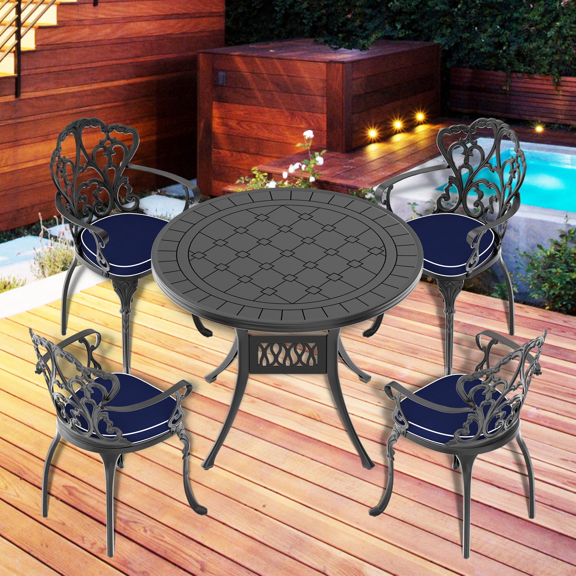 Cushions In Random Colors 5 Piece Set Of Cast Aluminum Patio Furniture With Cushions Yes Complete Patio Set Black Seats 4 Rust Resistant Frame Water Resistant Cushion Garden & Outdoor Complete Patio Sets Aluminium