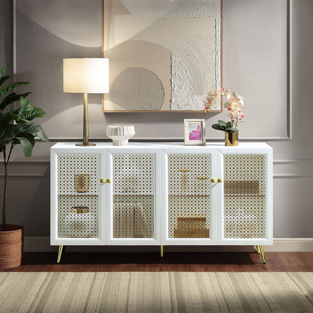 White High Gloss 4 Door Console Cabinet With Led Light Freestanding 3 4 Shelves Wicker White Primary Living Space Storage Basket Modern Wood Metal