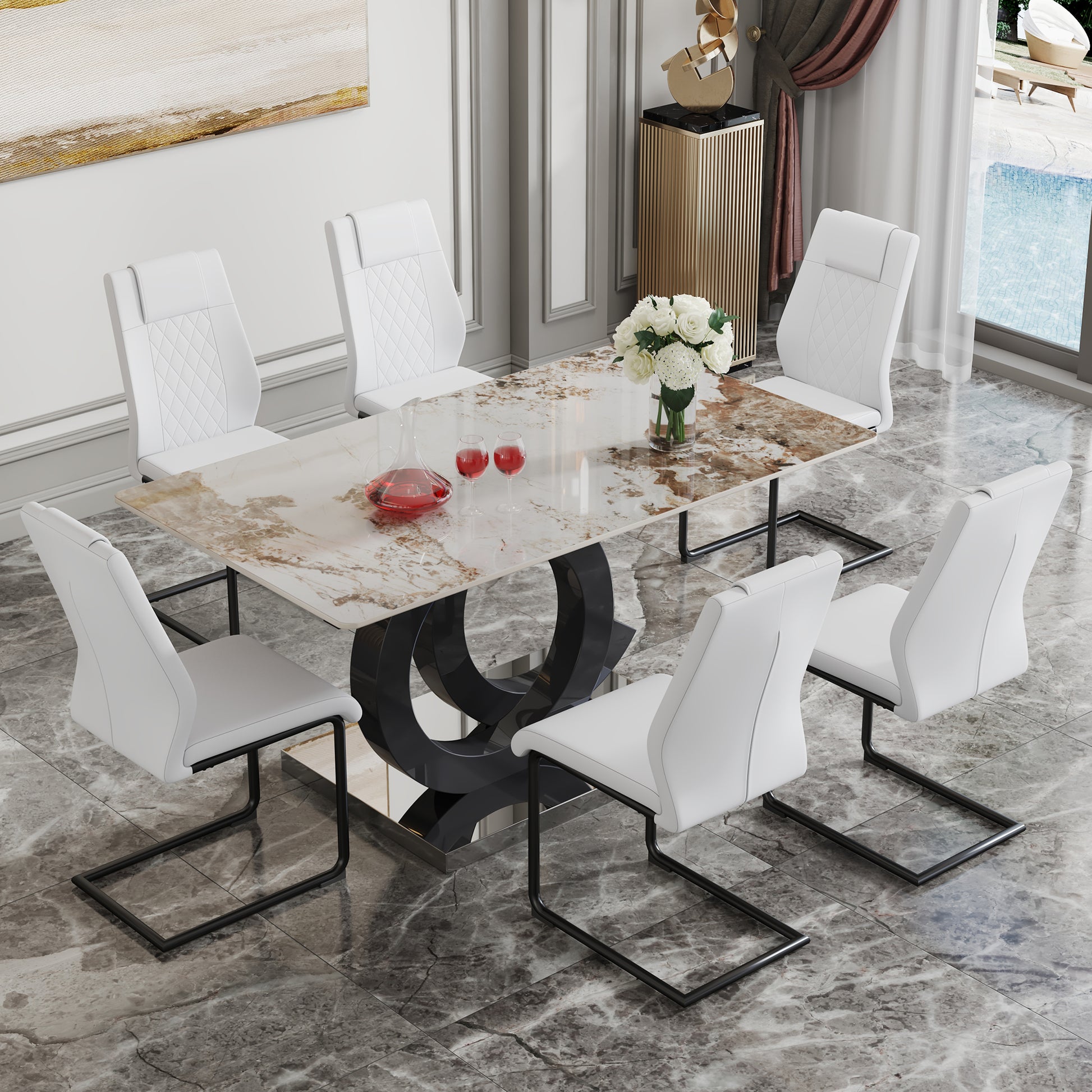 Table And Chair Set.63"X31.5" Marble Pattern Sintered Stone Table With Mdf Oc Shaped Bracket.Paired With 6 White Pu Chairs With Black Metal Legs.Suitable For Kitchen,Dining Room,Etc. White Black