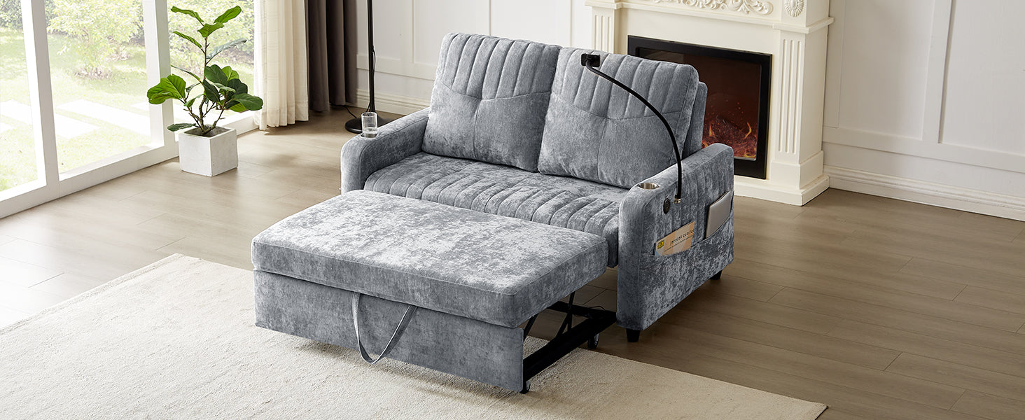 53.9" Modern Loveseat Pull Out Sofa Bed With Adjustable Backrest, Two Cup Holdersa Phone Holder, Three Charging Ports And Side Storage Pockets For Living Room, Grey Grey Foam Chenille