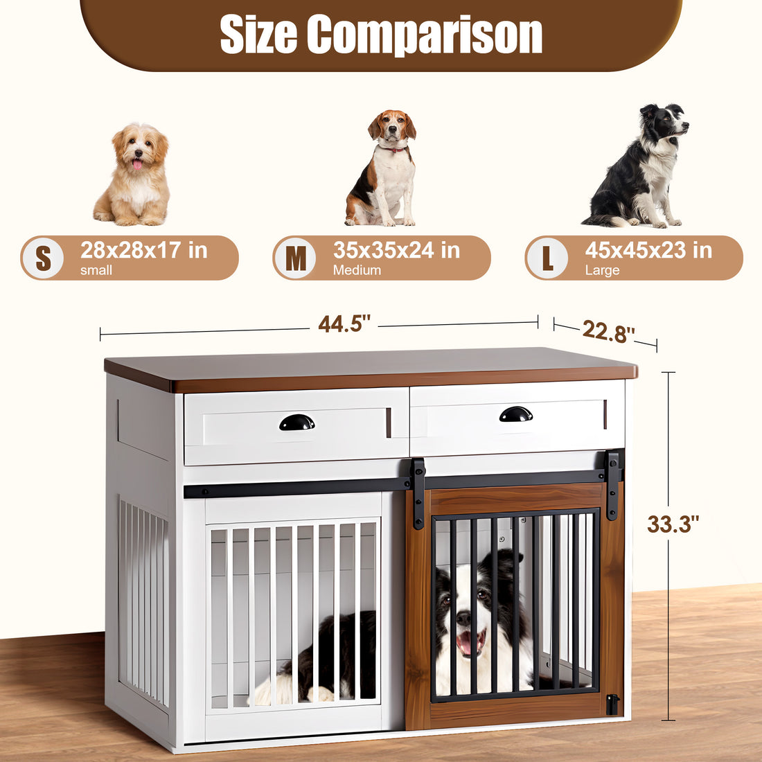 Heavy Duty Furniture Style Dog Cage Wooden Dog Cage Double Door Dog Cage Side Cabinet Dog Cage Dog Crate 44 1 2"W *22 3 4"D *33 1 4"H White Walnut American Design Particle Board