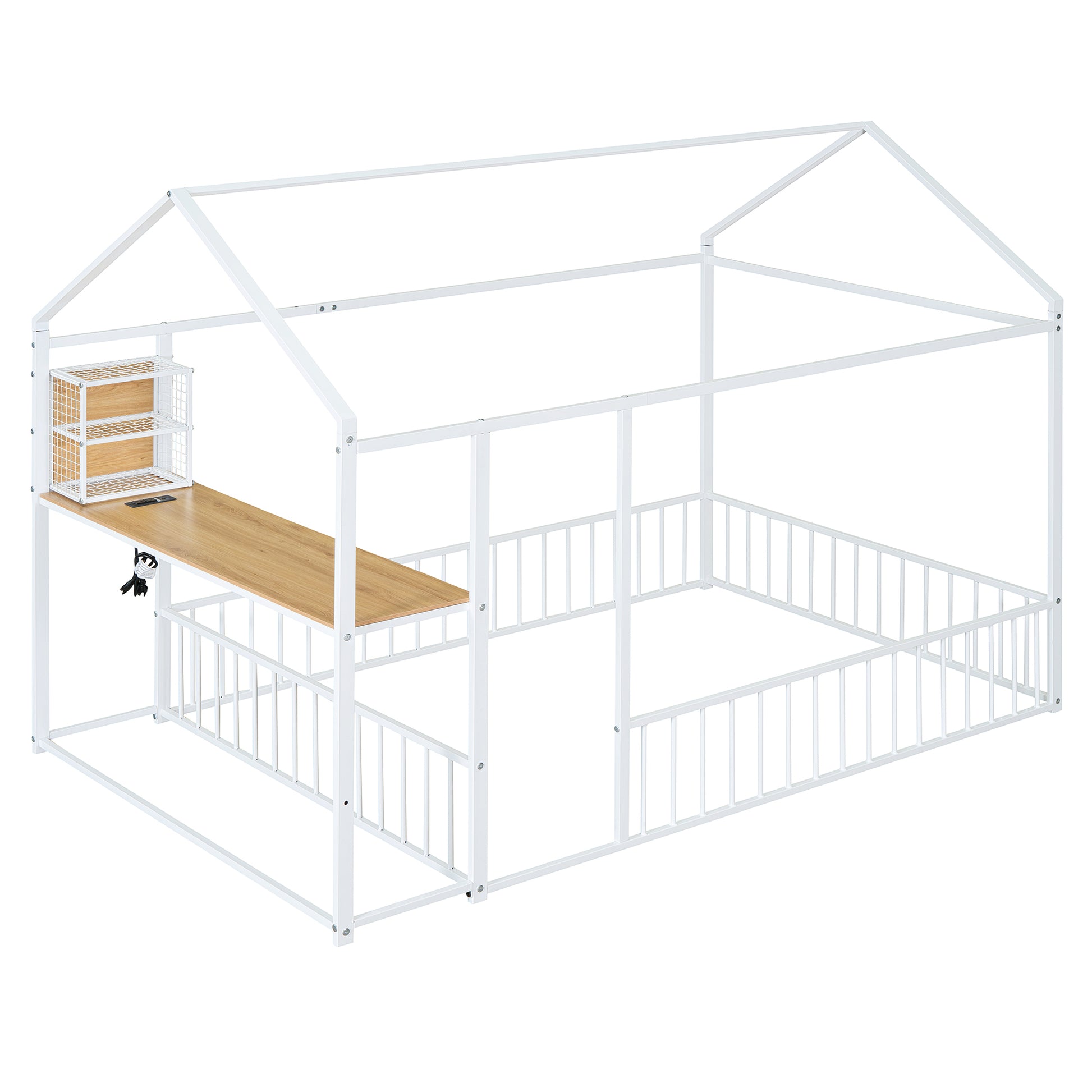 Full Size Metal Bed House Bed Frame With Desk, Shelves, Power Outlets And Usb Ports, White Full White Metal