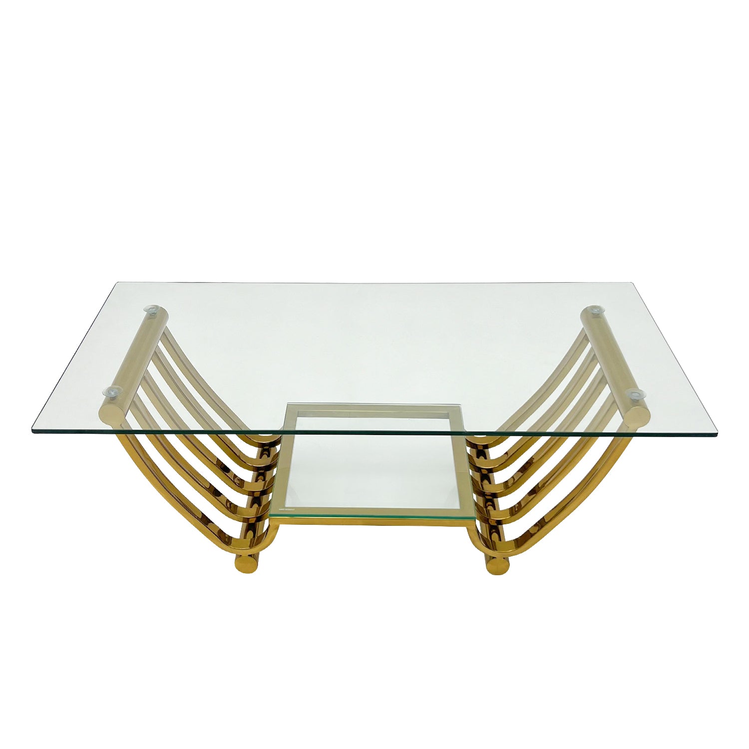 47" Rectangle Modern Stainless Steel Coffee Table, Double Layer Clear Tempered Glass Coffee Table, Center Table Table With Storage, For Living Room Home Office, Easy Assembly, Gold Clear,Gold Modern