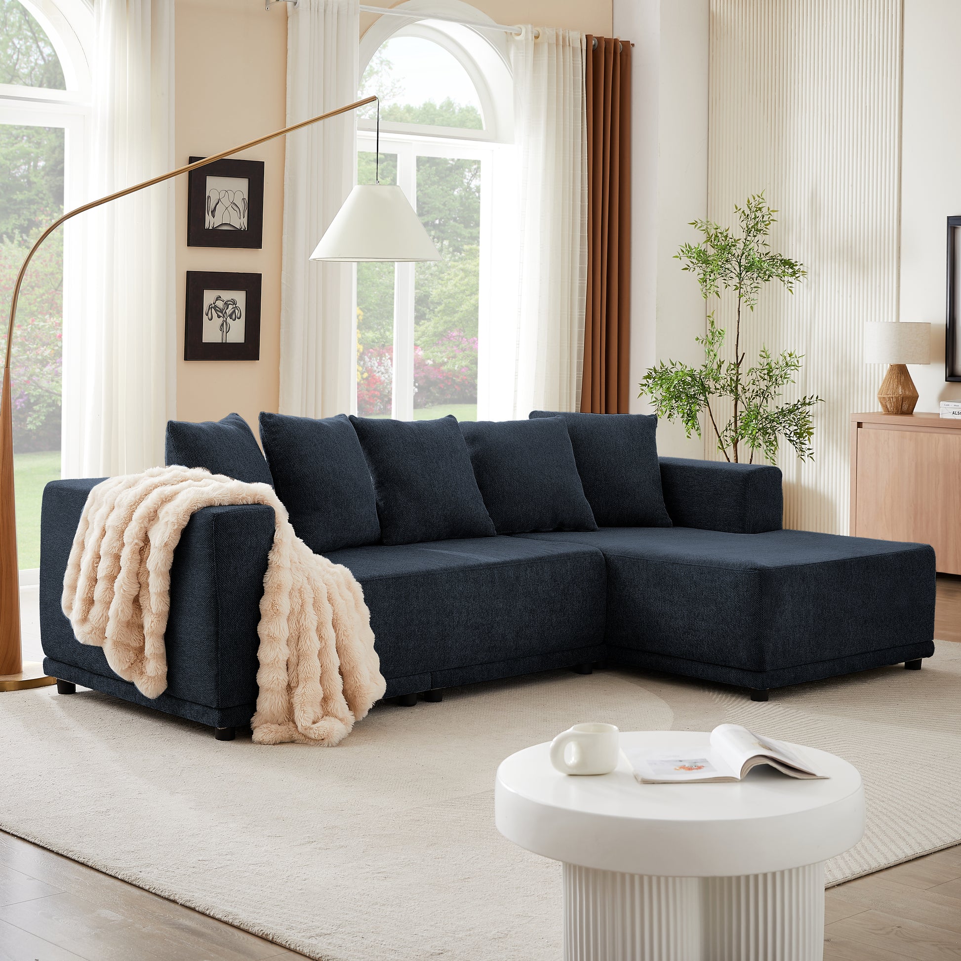 Chenille L Shaped Sectional Sofa Set,Minimalist Style Modular Sectional Sofa, Luxury Chenille Fabric Cloud Couch For Living Room Blue Chenille 4 Seat