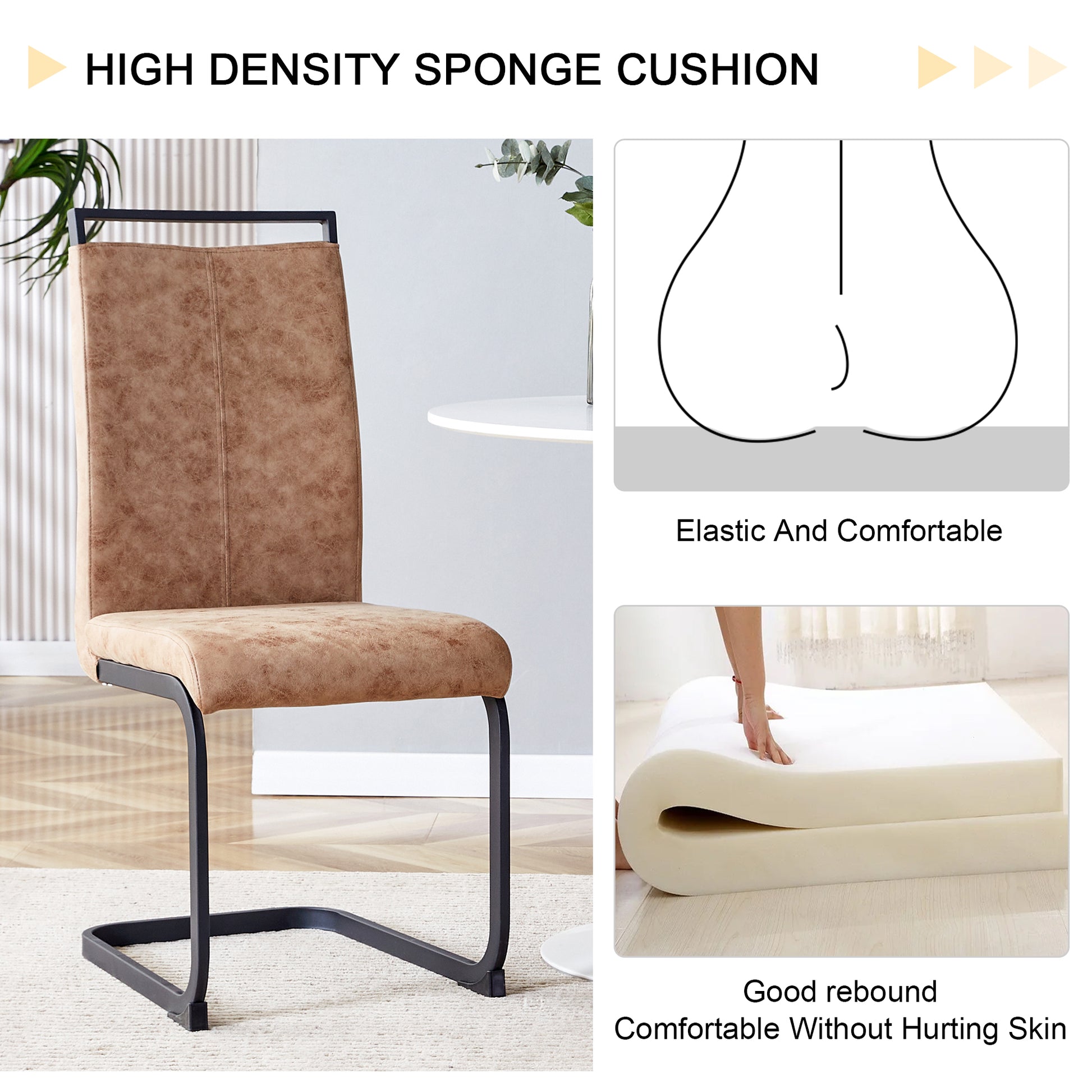 Table And Chair Set.Modern Dining Table, Tempered Glass Countertop With Artistic Mdf Legs.Paried With 6 Comfortable Chairs With Pu Seats And Metal Legs. Suitable For Various Decoration Styles. Black Brown,Transparent Seats 6 Mdf Metal