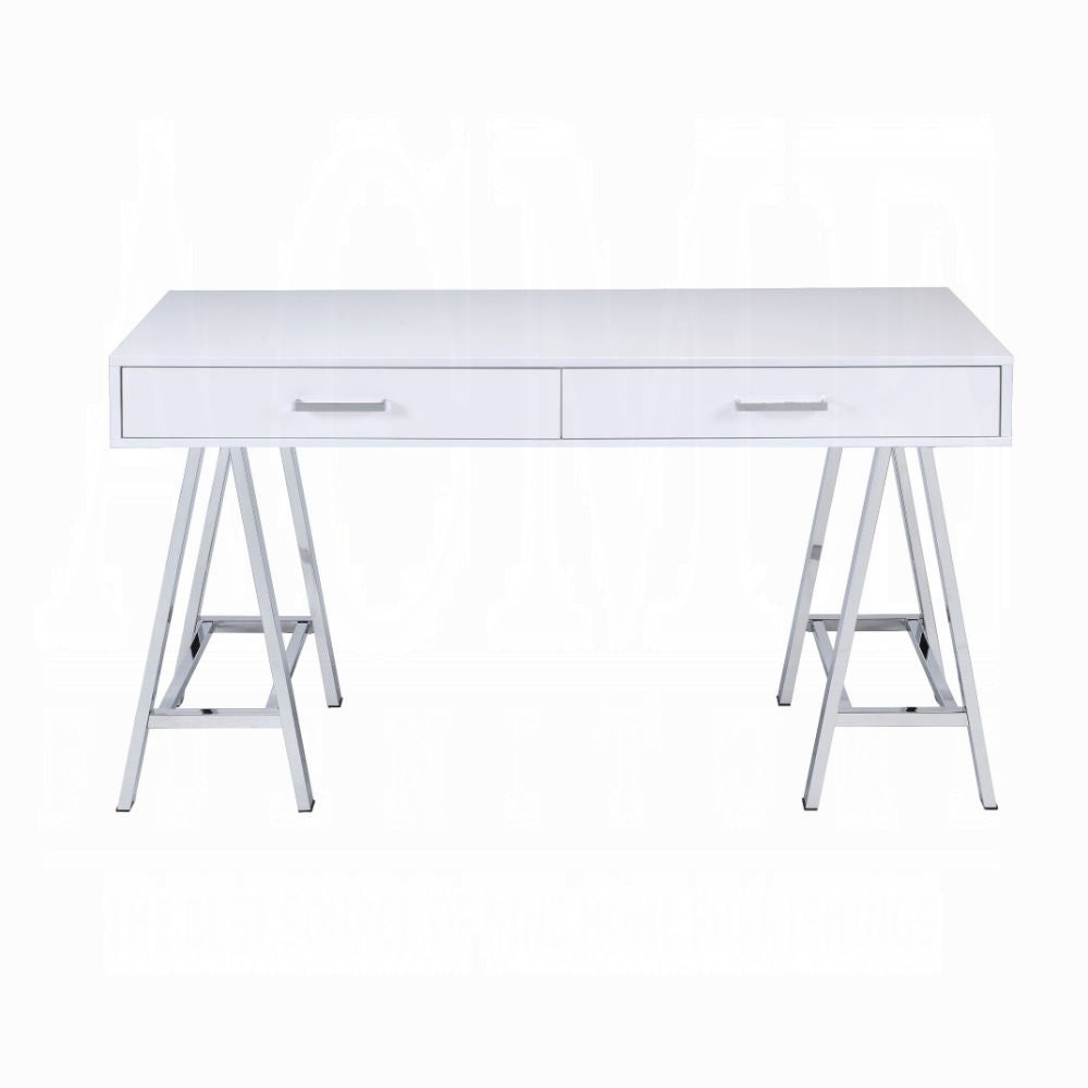 White High Gloss And Chrome 2 Drawer Writing Desk White Silver Writting Desk Office Modern Rectangular Drawers Wood Metal