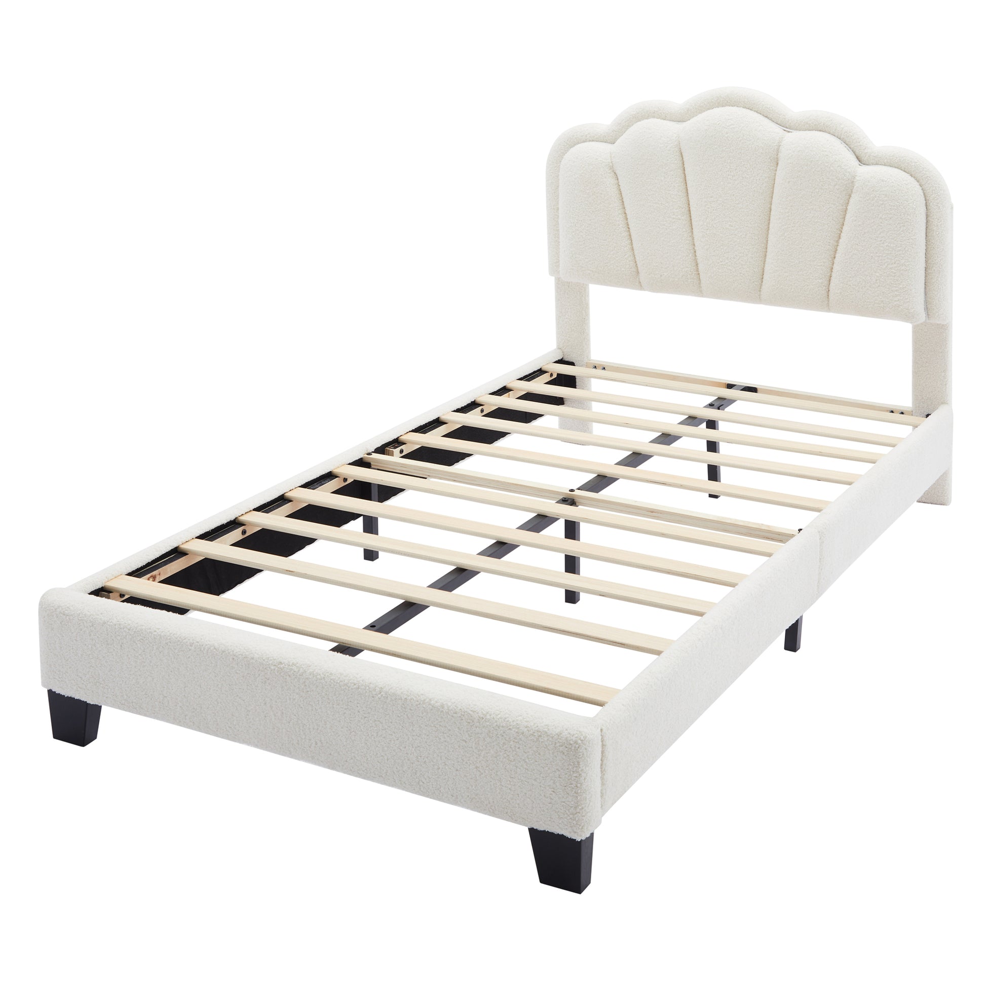 2 Pieces Bedroom Sets Twin Size Flower Shaped Upholstered Led Platform Bed With Storage Ottoman Sherpa Fabric, White Twin White 2 Piece Set Wood