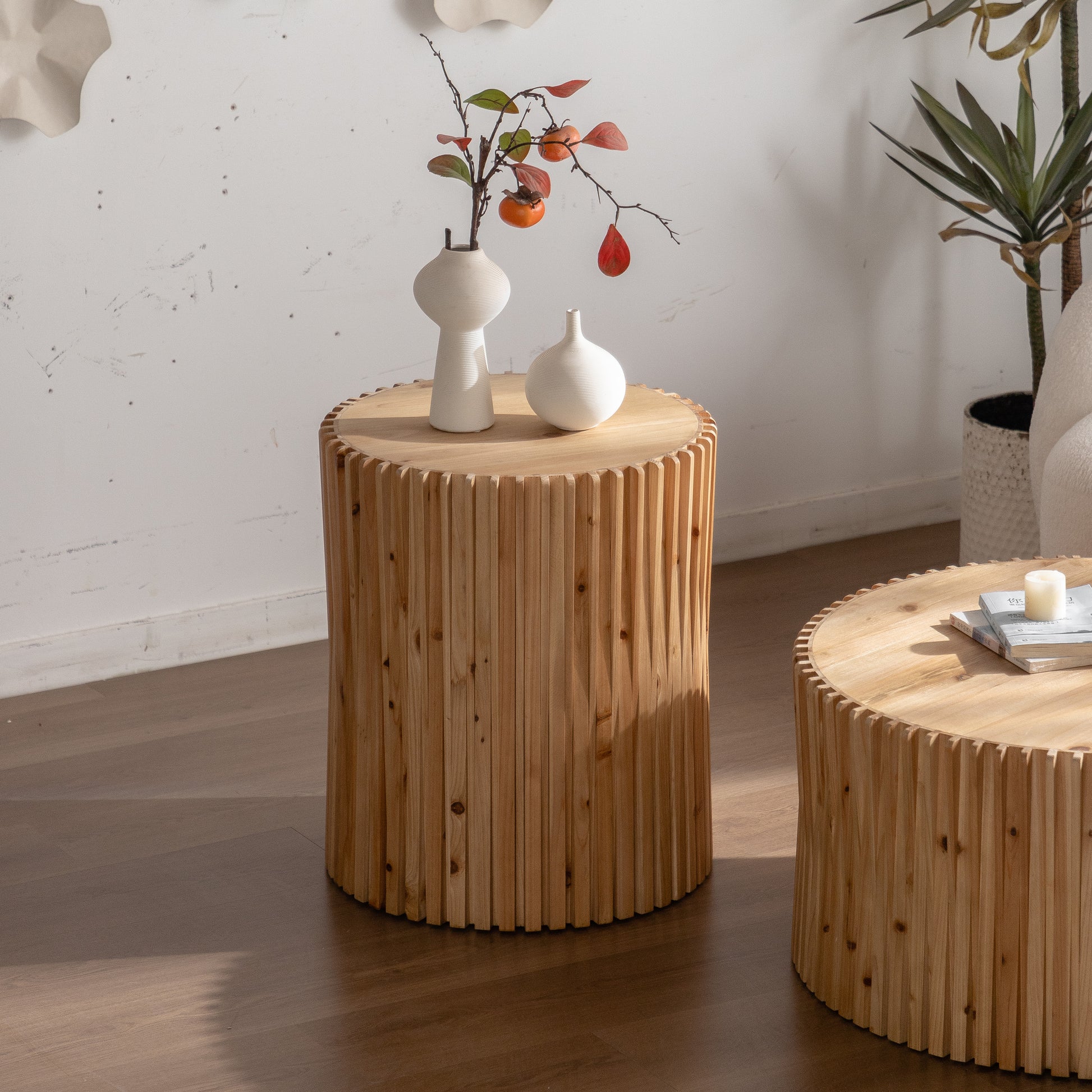 Retro Fashion Style Cylindrical Coffee Table With Vertical Texture Relief Design,Suitable For Living Room,Office,And Dining Room Set Of 2 Natural Mdf