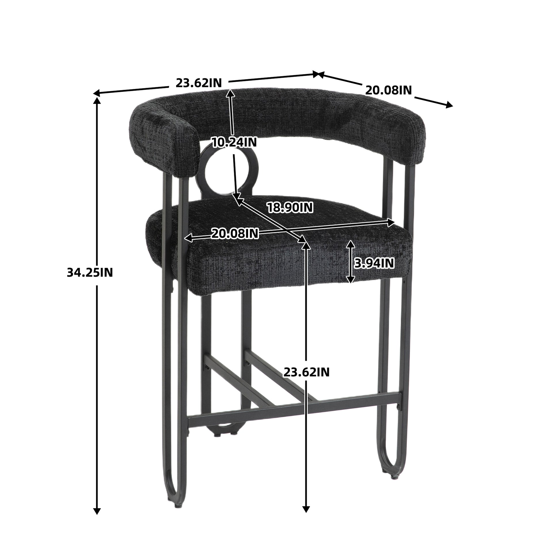 Coolmore Bar Stools Set Of 2, Modern Bar Stool With Back, Black Metal Frames, Upholstered Bar Stools For Kitchen Island, Pub, Club Black Chenille Black Foam Chenille