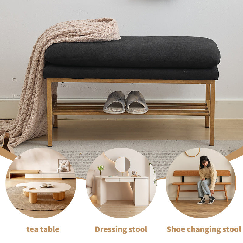 End Of Bed Bench With Shelf, Linen Upholstered Storage Shoe Bench, Modern Bedroom Bench With Metal Legs For Living Room, Entryway, Dining Room, 300 Lb, Linen Color Black Black Polyester Blend