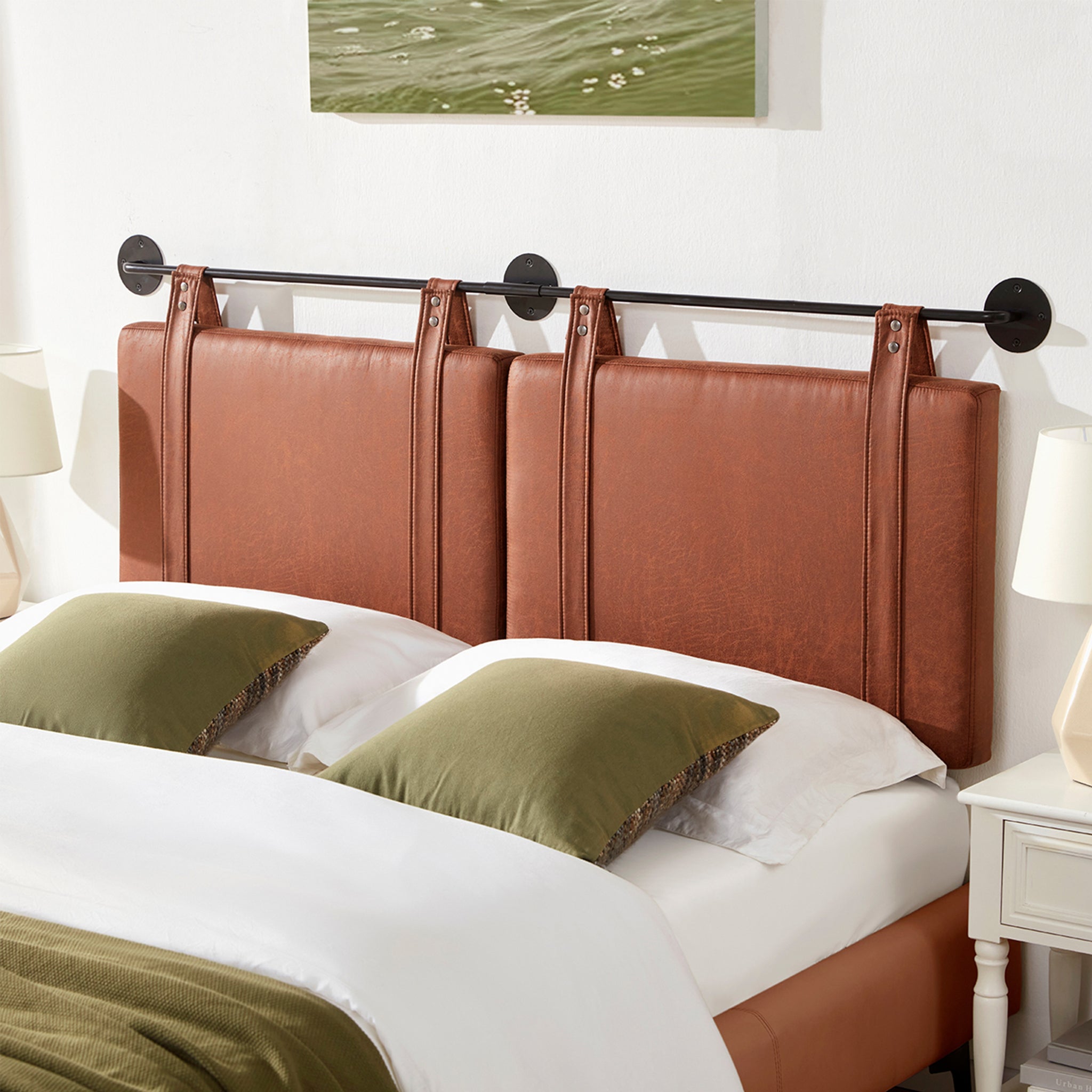 Wall Mounted Headboard King With Brown Faux Leather Straps, Faux Leather Upholstered Headboard With Adjustable Heigh Headboard, King Headboard With Metal Bar For Dining Room, Bedroom, Brown King Brown Bed Frame Genuine Leather Fabric Metal