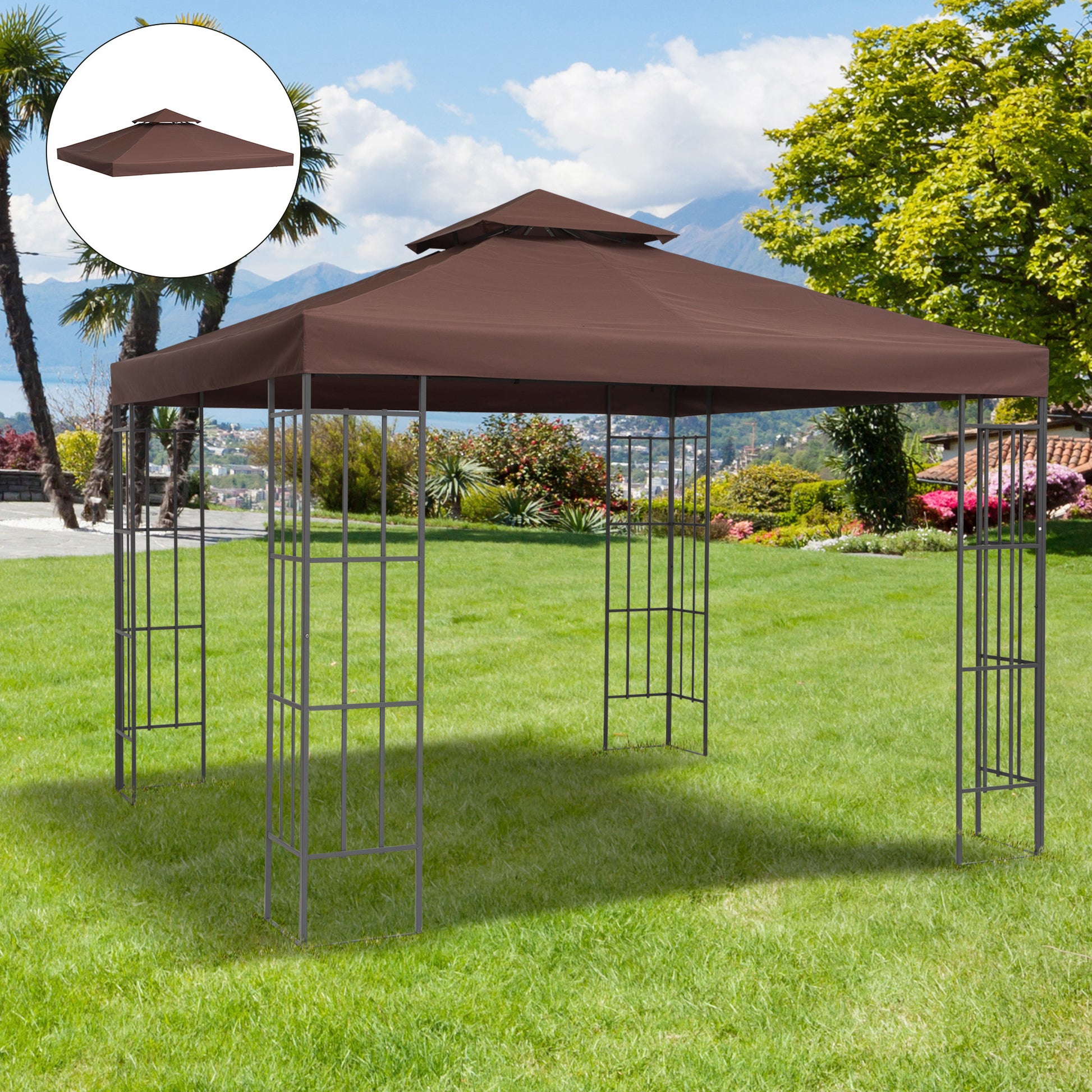 Outsunny 9.8' X 9.8' Gazebo Replacement Canopy, 2 Tier Top Uv Cover For 9.84' X 9.84' Outdoor Gazebo Models 01 0153 & 100100 076, Coffee Top Only Brown Polyester