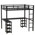 Full Metal Loft Bed With Desk And Shelves, Loft Bed With Ladder And Guardrails, Loft Bed Frame For Bedroom, Black With Black Desk Full Black Metal