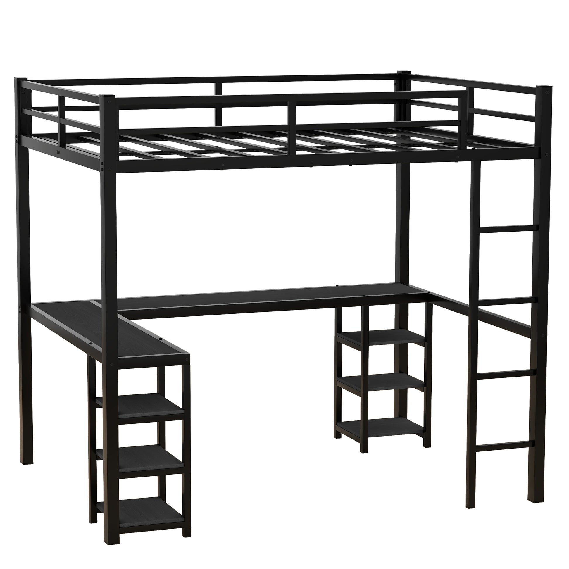 Full Metal Loft Bed With Desk And Shelves, Loft Bed With Ladder And Guardrails, Loft Bed Frame For Bedroom, Black With Black Desk Full Black Metal