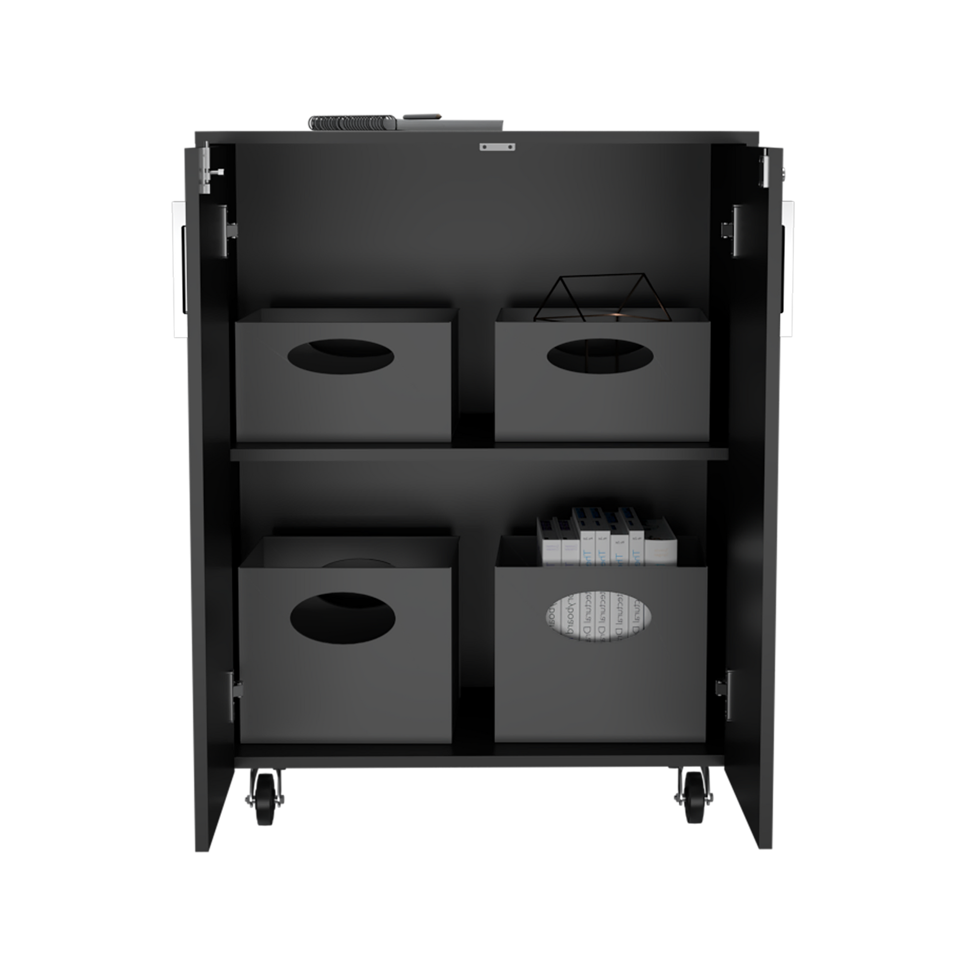 Multistorage Cabinet 35" H, Two Doors, Two Interior Shelves, Four Wheels, Black Black Particle Board Particle Board