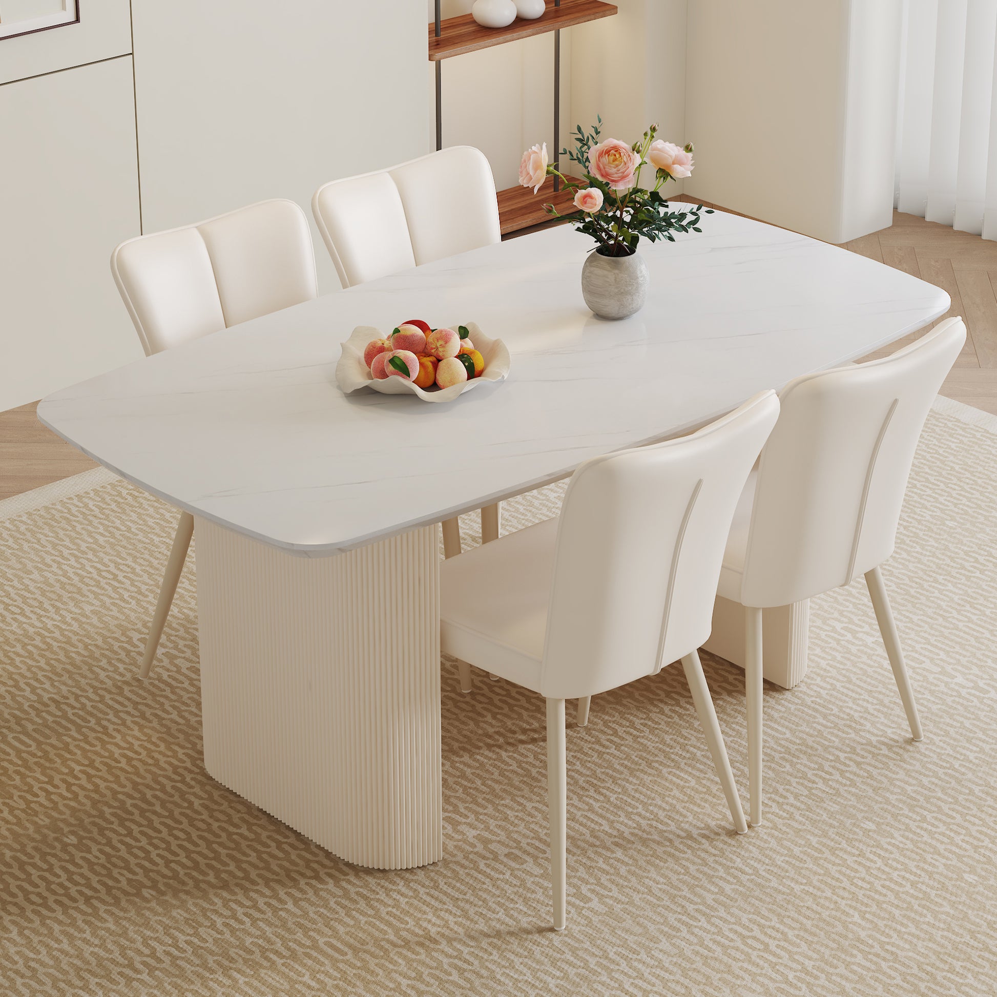 Table And Chair Set.67*35.4 Cream Style Mdf White Dining Table Set With 4 Cream Style Dining Chairs With A Vertical Line Design On Backrest.Adding A Warm And Gentle Atmosphere To Your Family. White