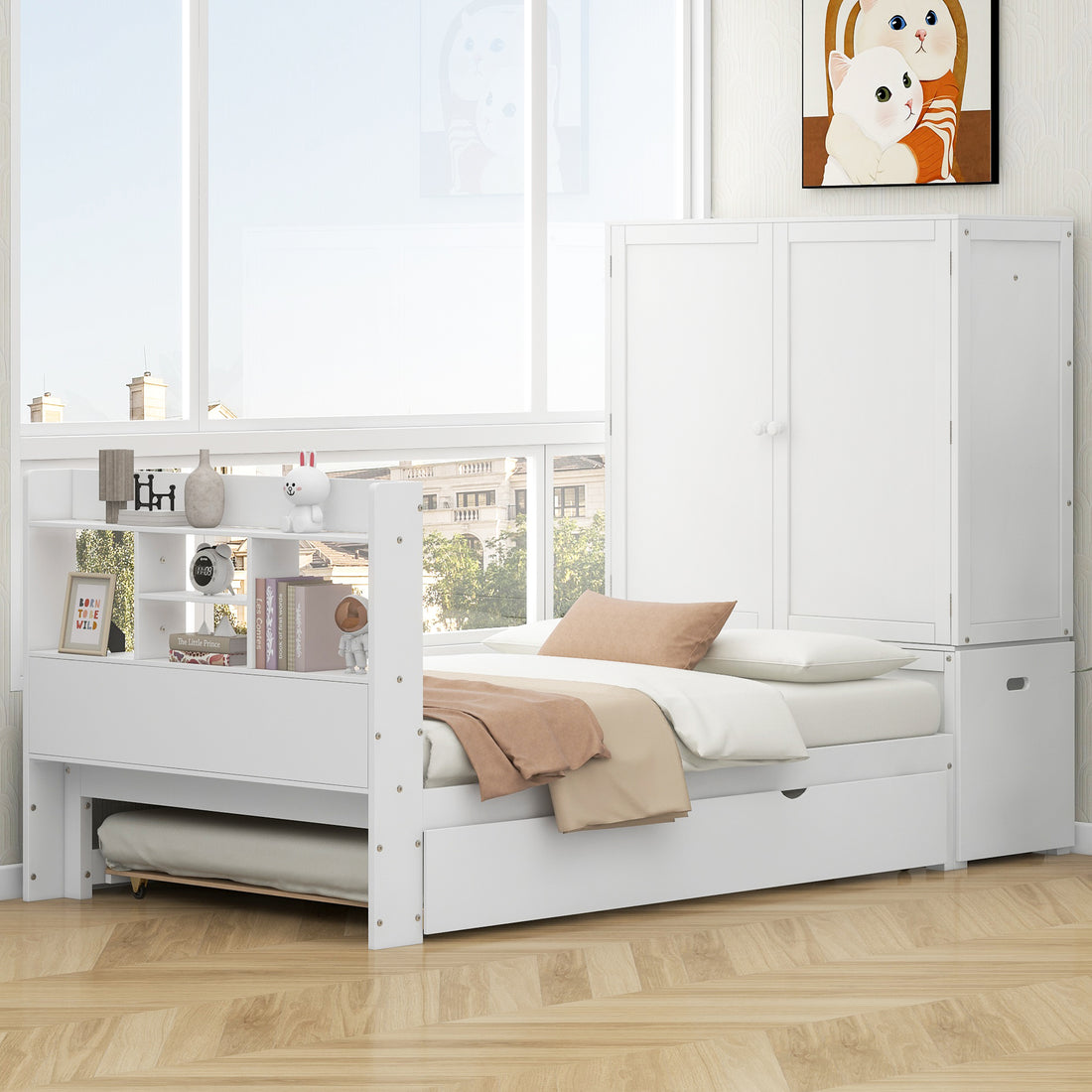 Twin Size Platform Bed With Storage Headboard And Footboard, Pull Out Shelves And Twin Size Trundle, White Box Spring Not Required Twin White Wood Bedroom Bed Frame Solid Wood Mdf