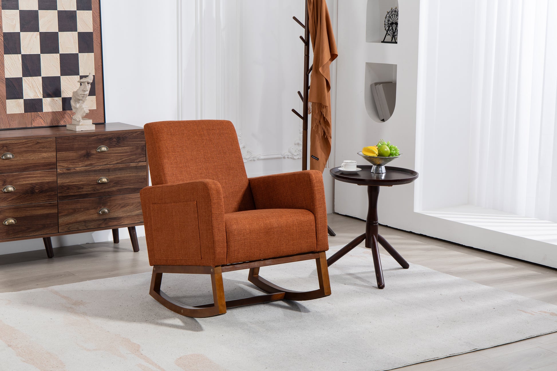 Mid Century Modern Accent Chair With Wood Frame, Upholstered Living Room Chairs With Waist Cushion, Reading Armchair For Bedroom Sunroom Brown Linen