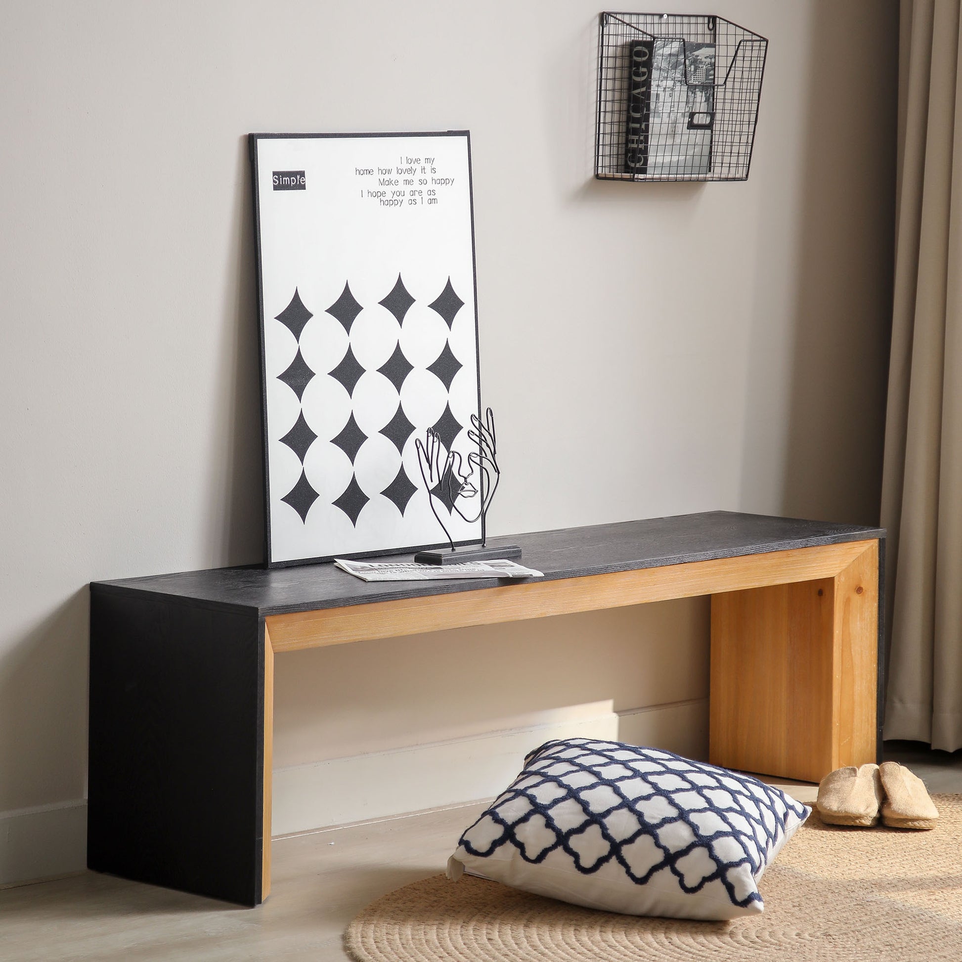 Dining Bench, Wood Bench Multicolored Bench Indoor Home Bedroom Bed End Restaurant Modern Hallway Furniture, 59" W X 15.15" D X 17.9" H Black Natural Dining Room Antique,Farmhouse,Minimalist,Modern Partice Board Mdf Pine Wood,Solid Wood Mdf,Wood