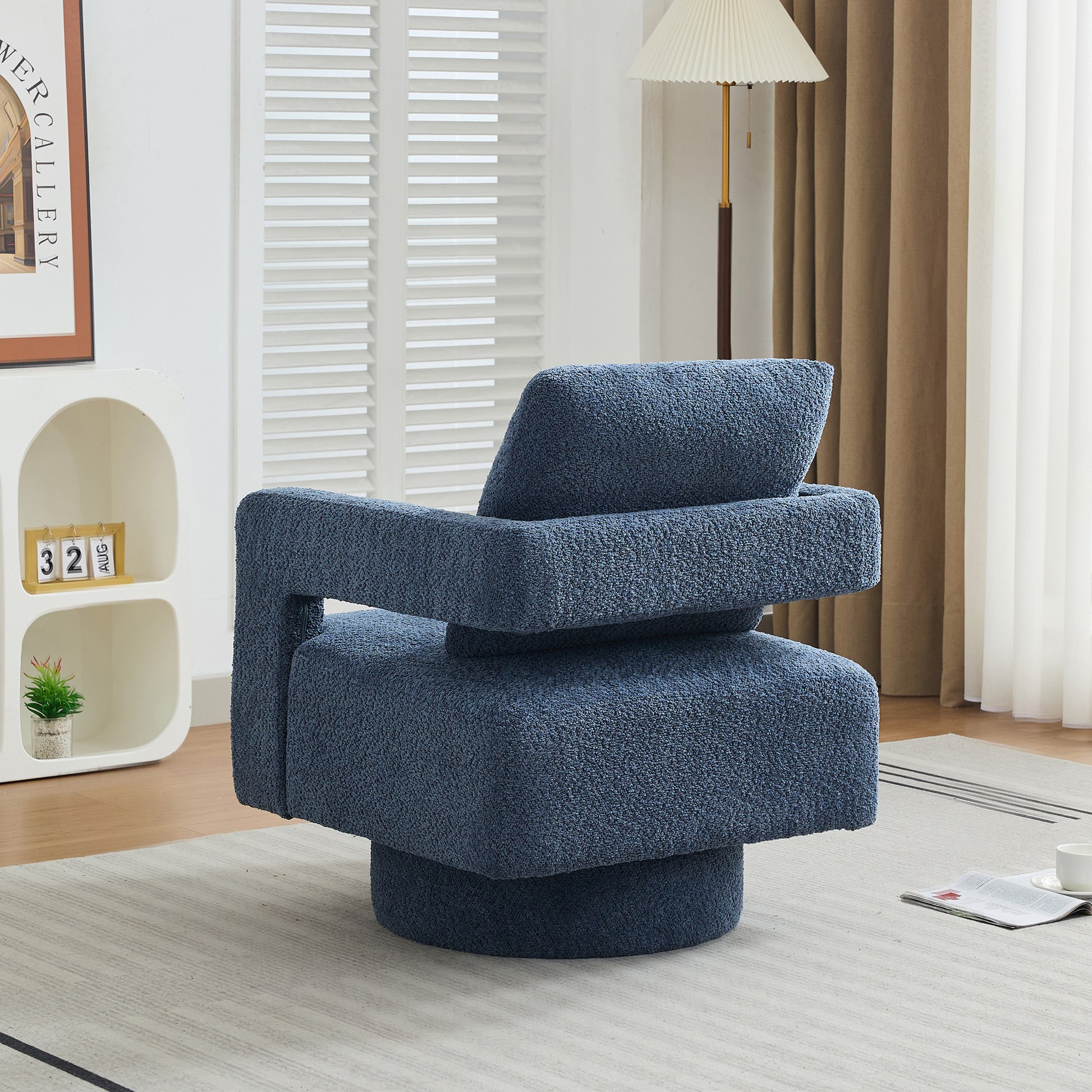 29.13" W Square Swivel Accent Chair, Modern Rotating Arm Chair With Open Back,360 Degree Rotation, Lounge Club Chair With Removable Back Cushion For Living Room, Hotel, Bed Room,Navy Navy Boucle