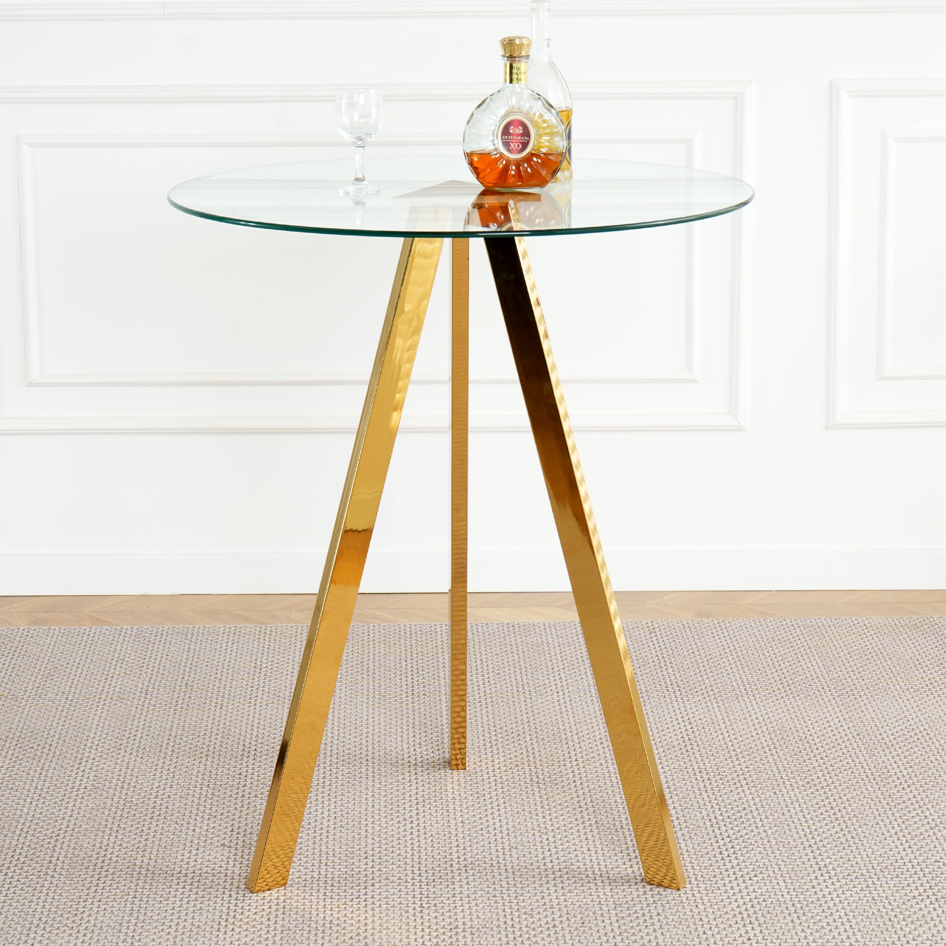 Modern Kitchen Glass Dining Table Round Tempered Glass 31.5" Bar Table Top,Clear Bar Table Metal Legs,Gold Plated Legs Set Of 1 Gold Round Glass