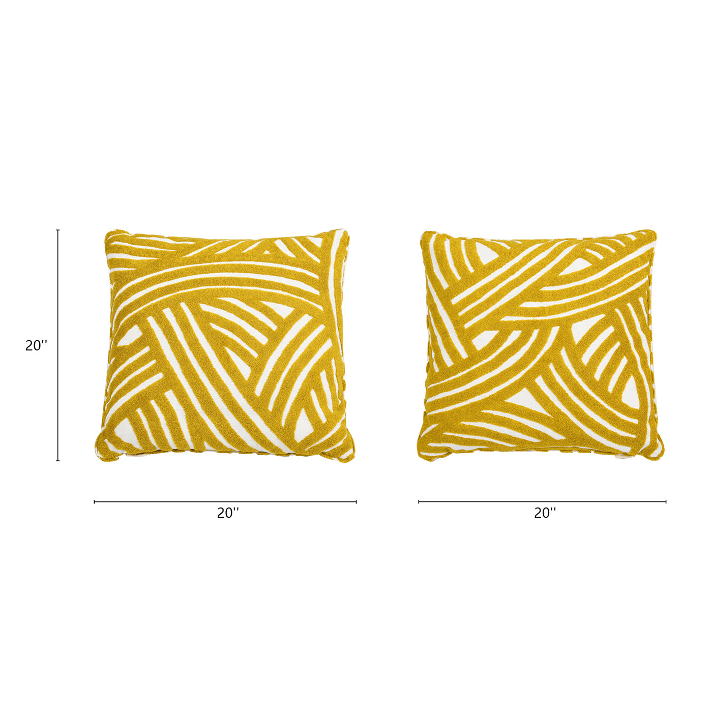 La Broderie 20" Square Embroidered Throw Pillow & Feather Down Insert, Brushstroke Yellow Embroidery Yellow Down Filling Fabric