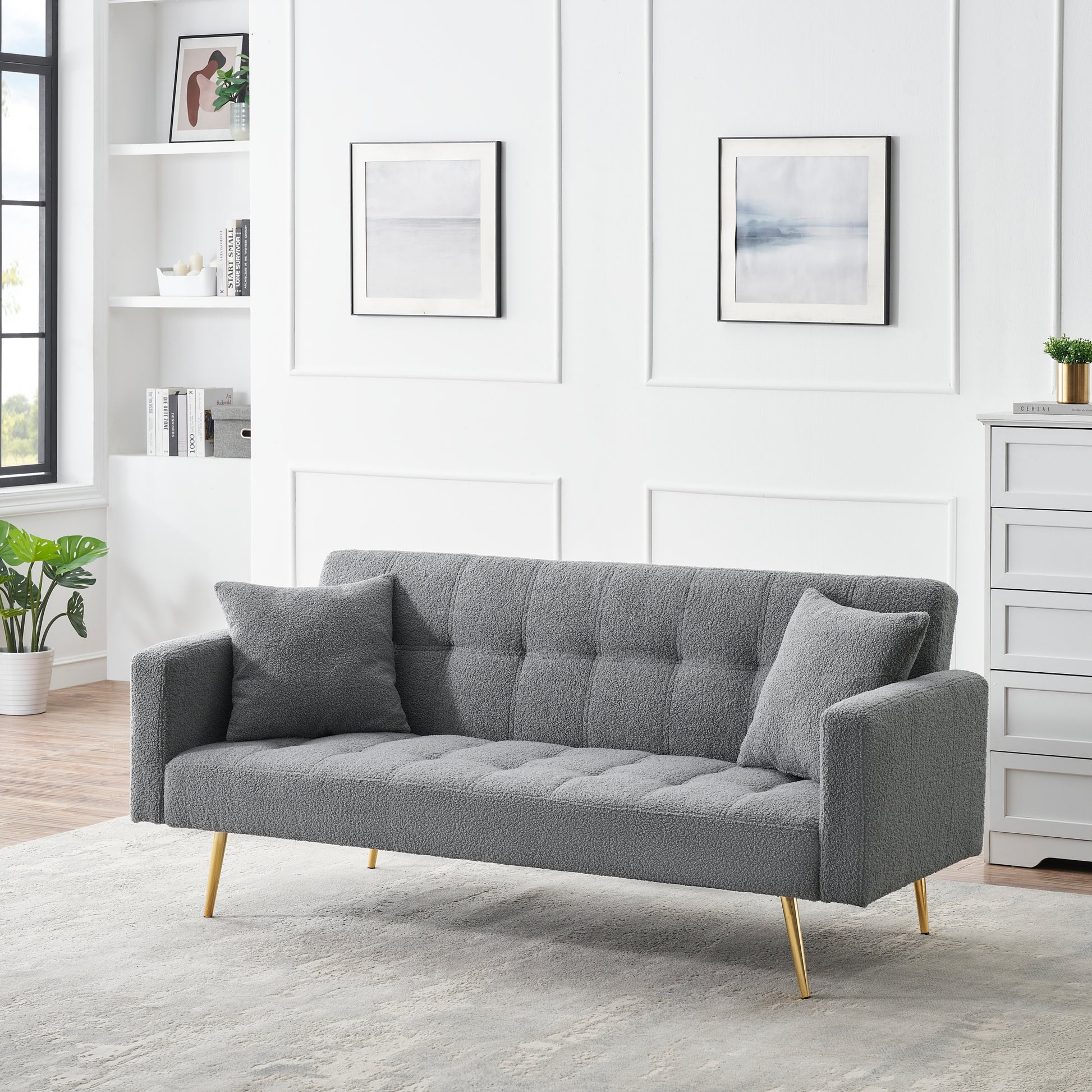 71.7 Inch Grey Teddy Fleece Sofa Bedbring Two Throw Pillows Grey Fabric 2 Seat