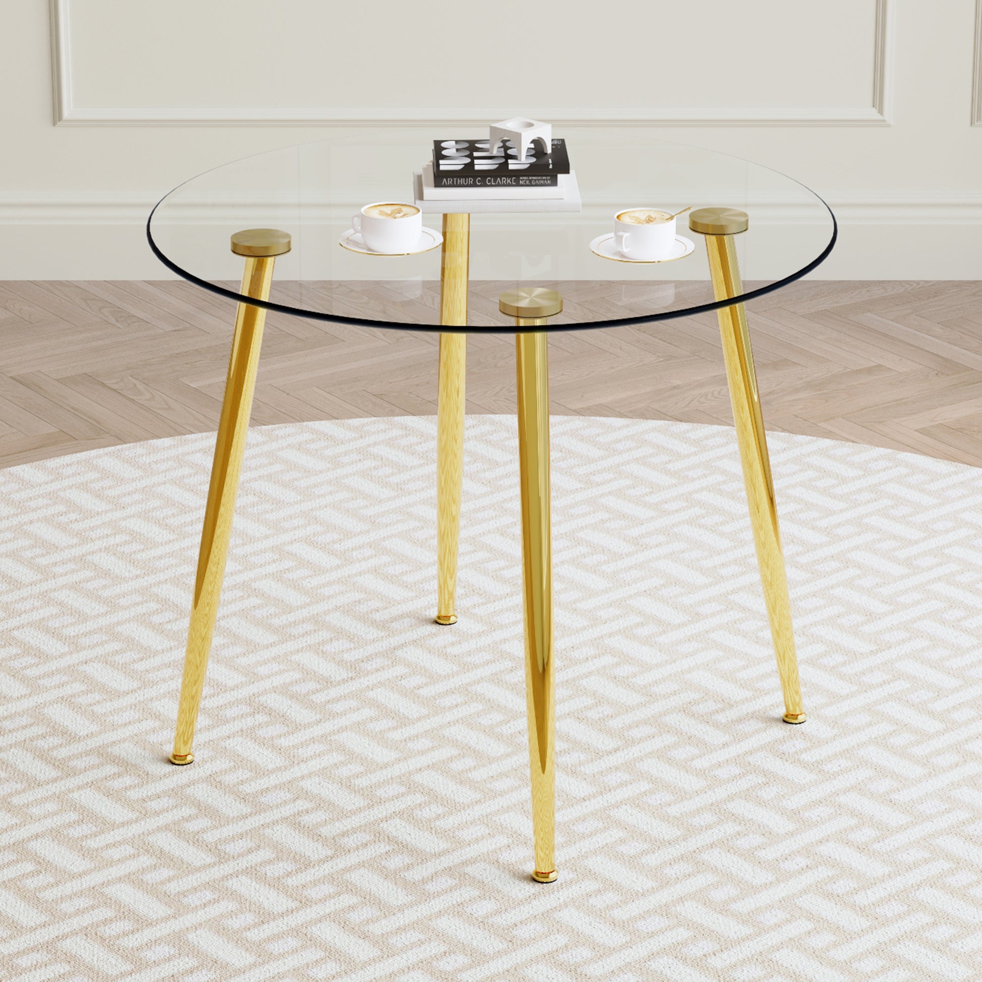 Round Dining Table With Glass Top, Gilded Metal Legs, Exquisite Living, Starting From The Details, The Gold Legs Show An Extraordinary Texture, Which Is The Finishing Touch To Your Home. Transparent Glass Metal