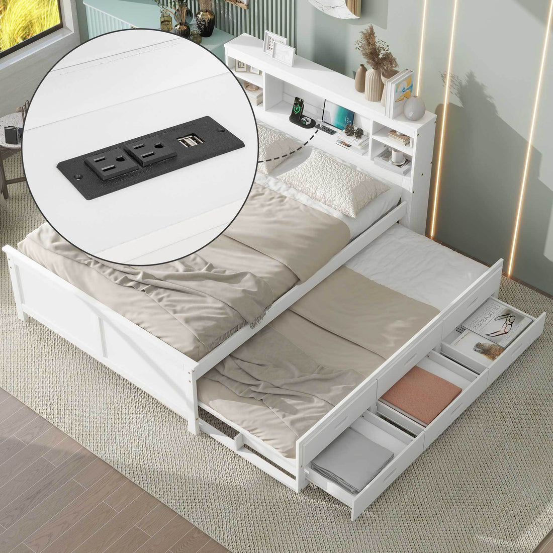 Full Size Platform Bed With Storage Headboard, Usb, Twin Size Trundle And 3 Drawers, White Box Spring Not Required Full White Wood Bedroom Bed Frame Solid Wood Mdf