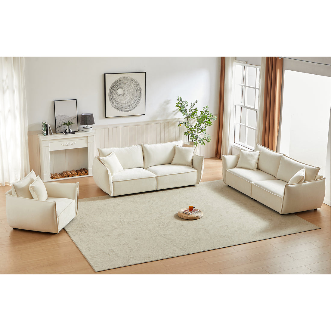 3 Seater 3 Seater 1 Seater Combo Sofa Modern Living Room Sofa, Linen Fabric Sofa, Wooden Frame With 5 Pillows, Apartment Sofa Furniture Beige Chenille Wood Primary Living Space Pine Foam Fabric 7 Seat