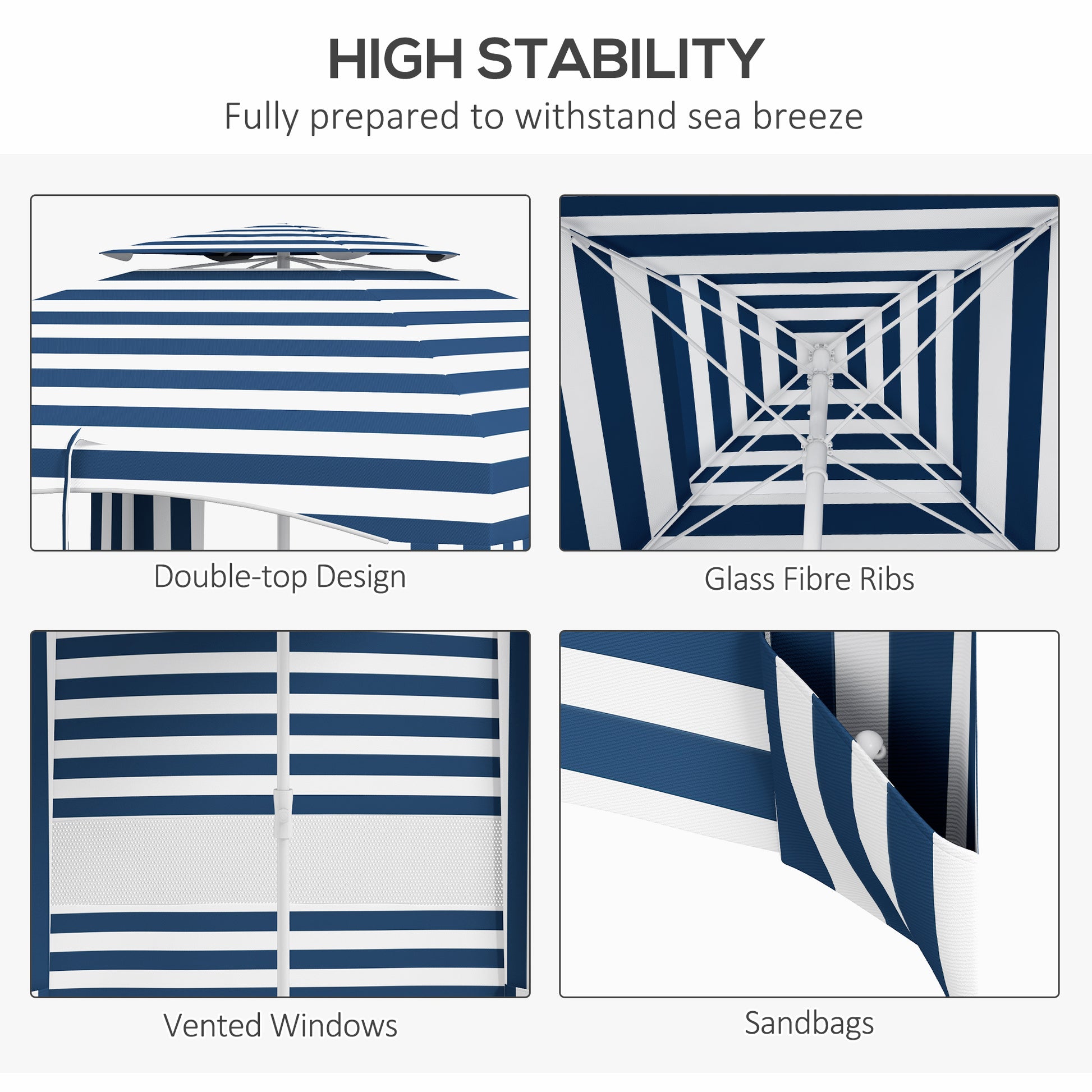 Outsunny 5.8' X 5.8' Portable Beach Umbrella With Double Top, Ruffled Outdoor Cabana With Walls, Vents, Sandbags, Carry Bag, Blue & White Stripe Multicolor Polyester